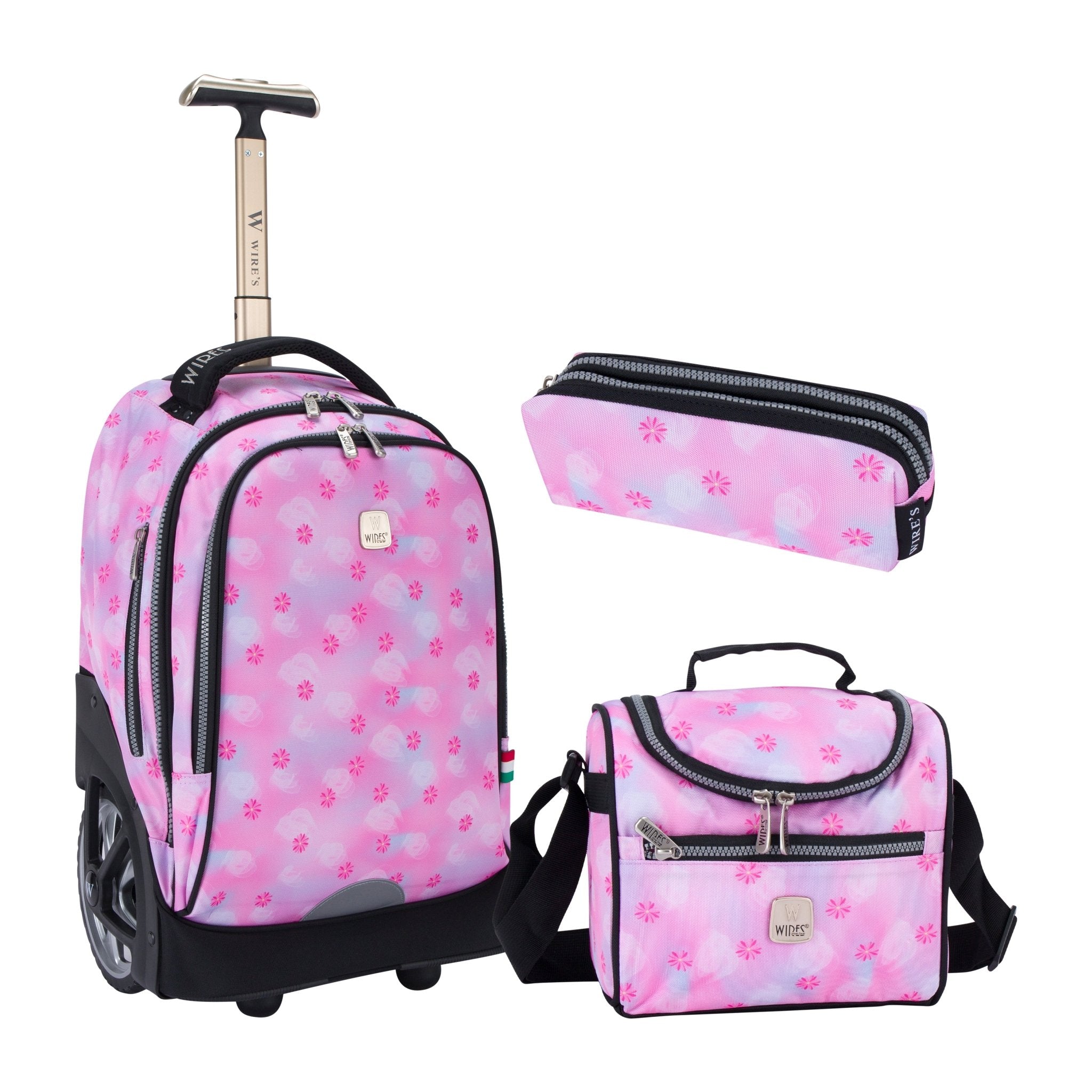 Pink Blur Flower Wires Big Wheel School Bag Trolley Set of