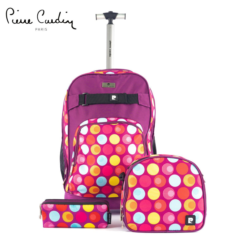 Pierre Cardin Backpack Trolley with Lunch Bag + Pencil Case black with blue-yellow-red round shape - MOON - Back 2 School - Pierre Cardin - Pierre Cardin Backpack Trolley with Lunch Bag + Pencil Case black with blue-yellow-red round shape - Purple - Pierre cardin - 1
