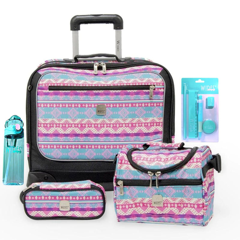 Wires 5 Pieces Set - 4 Wheels School Bag trolley with Lunch Bag + Pencil Case + Water Bottle & Wires Stationary African Pink Design - Moon Factory Outlet - Back 2 School - Wires - Wires 5 Pieces Set - 4 Wheels School Bag trolley with Lunch Bag + Pencil Case + Water Bottle & Wires Stationary African Pink Design - Aztec Pink - Back 2 School - 1