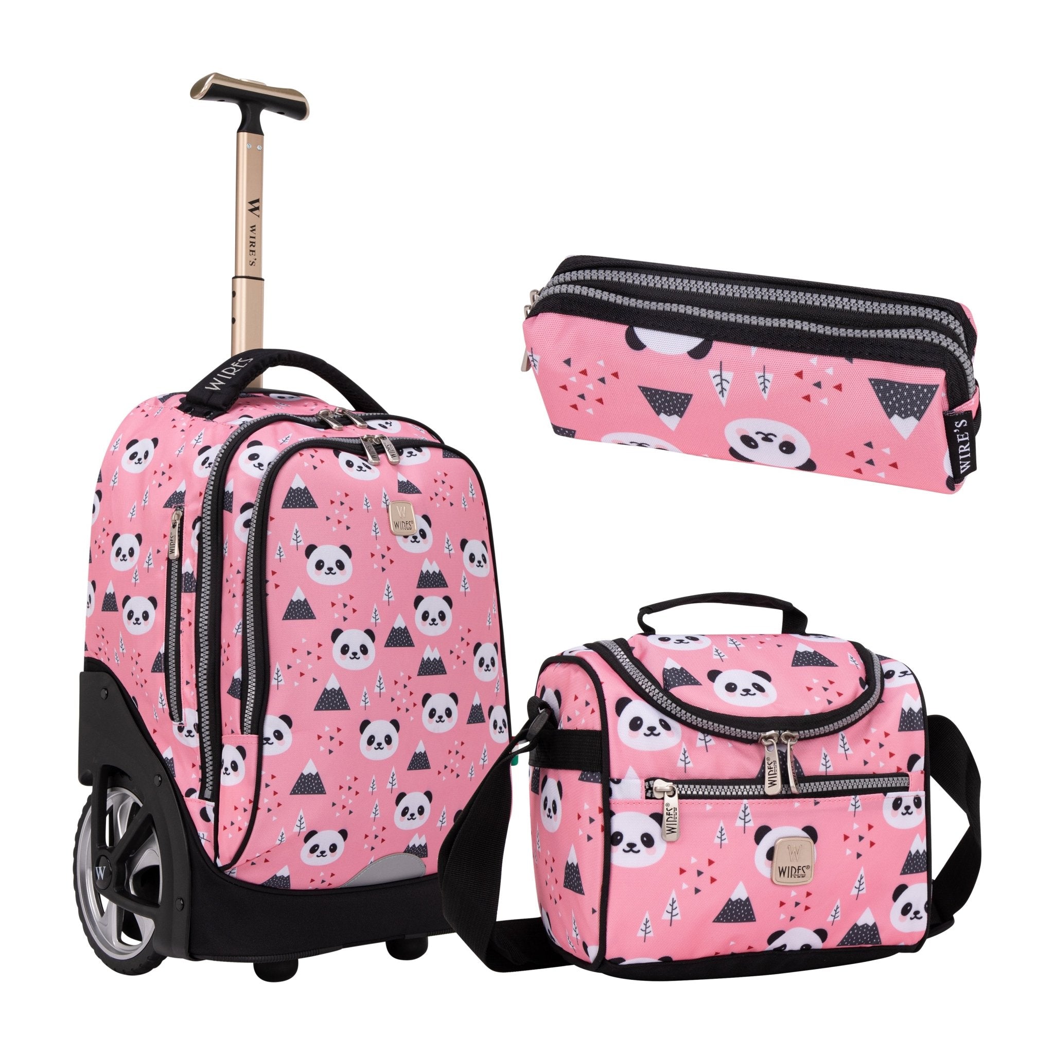 Pink Panda Big Wheel School Bag Trolley Set of 3 (Lunch Bag & Pencil Case)