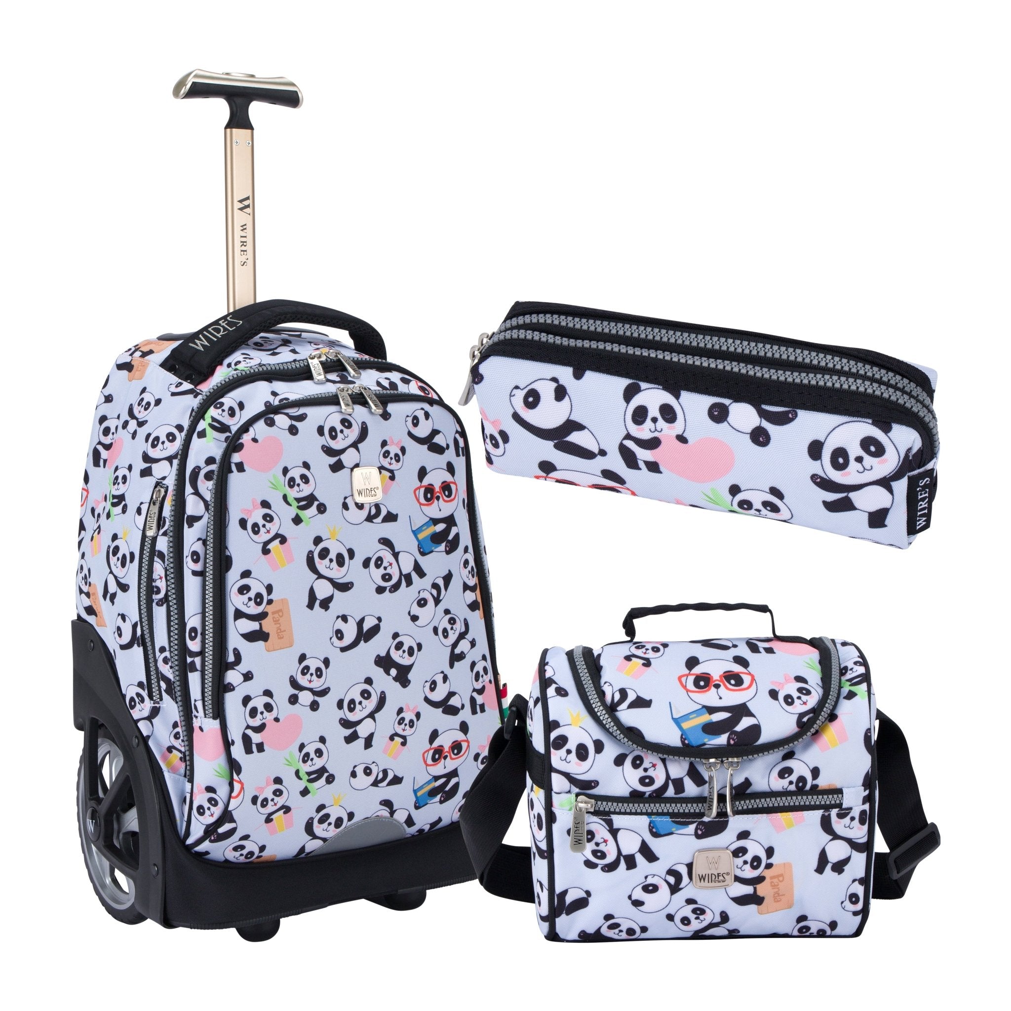 Mist Panda Wires Big Wheel School Bag Trolley Set of 3 (Lunch Bag & Pencil Case)