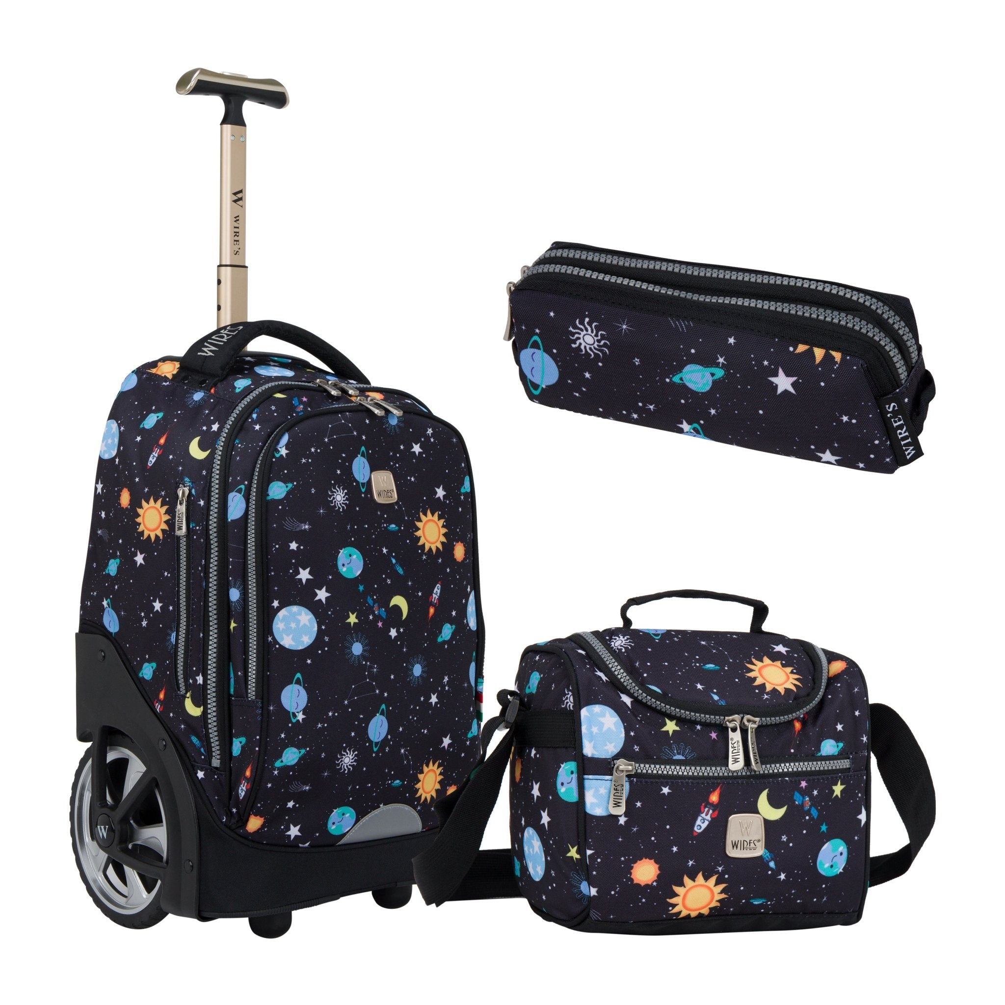 Navy Stars Big Wheel School Bag Trolley Set of 3 (Lunch Bag & Pencil Case)