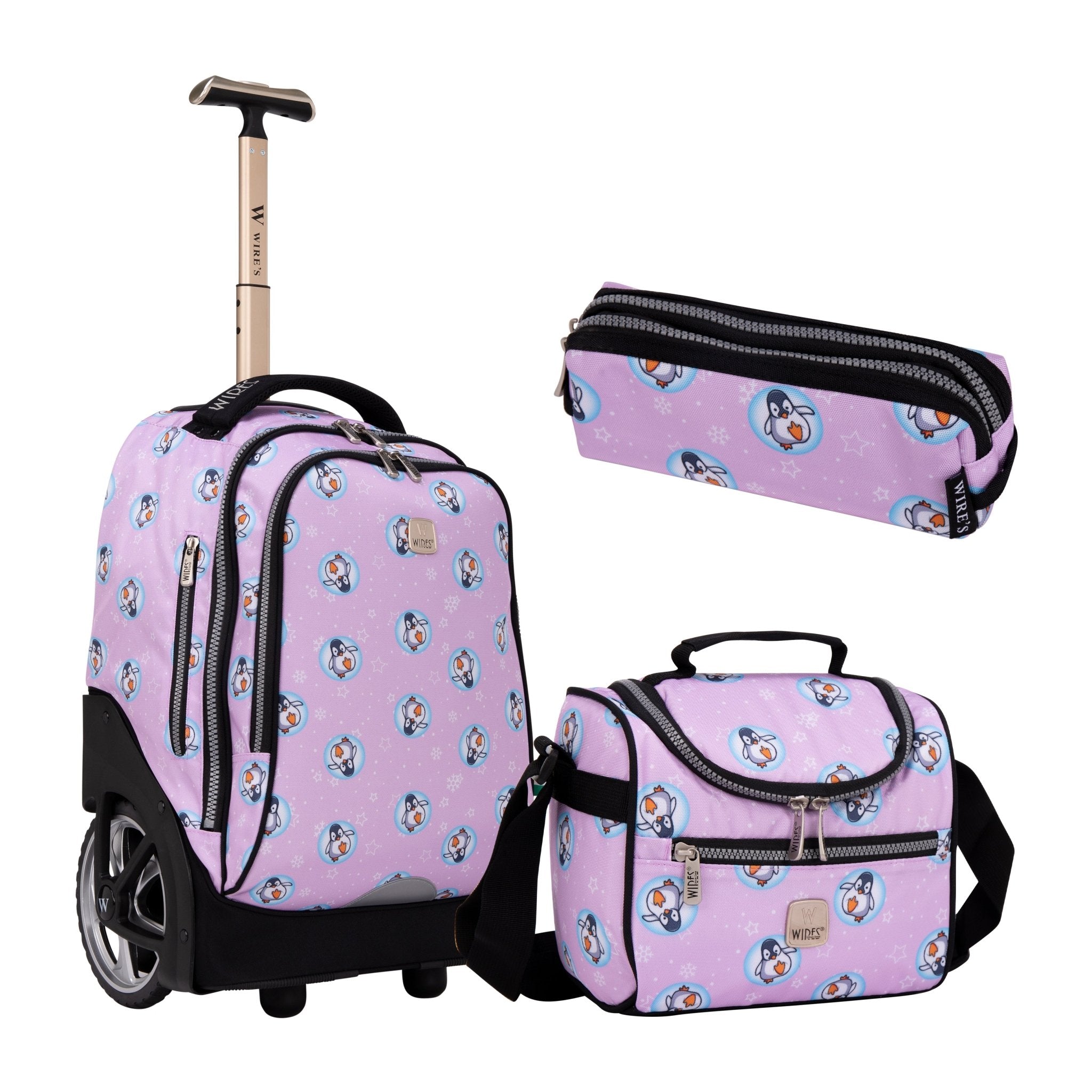 Pink Penguin Big Wheel School Bag Trolley Set of 3 (Lunch Bag & Pencil Case)