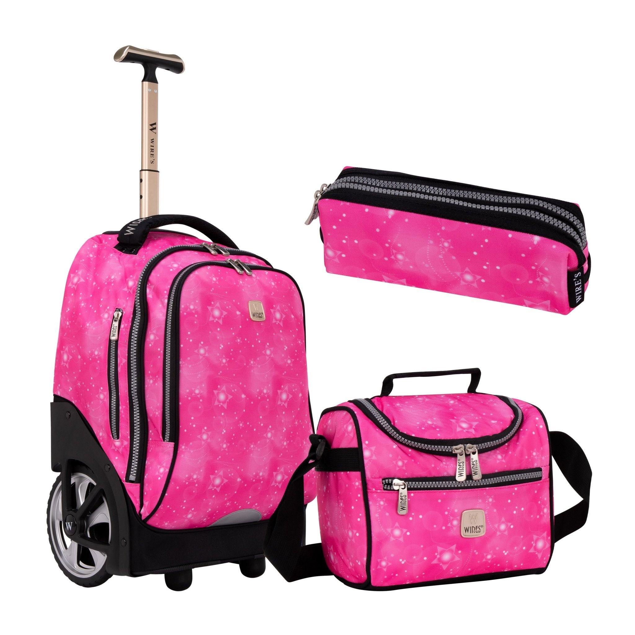 Pink Floral Wires Big Wheel School Bag Trolley Set of 3 (Lunch Bag & Pencil Case)