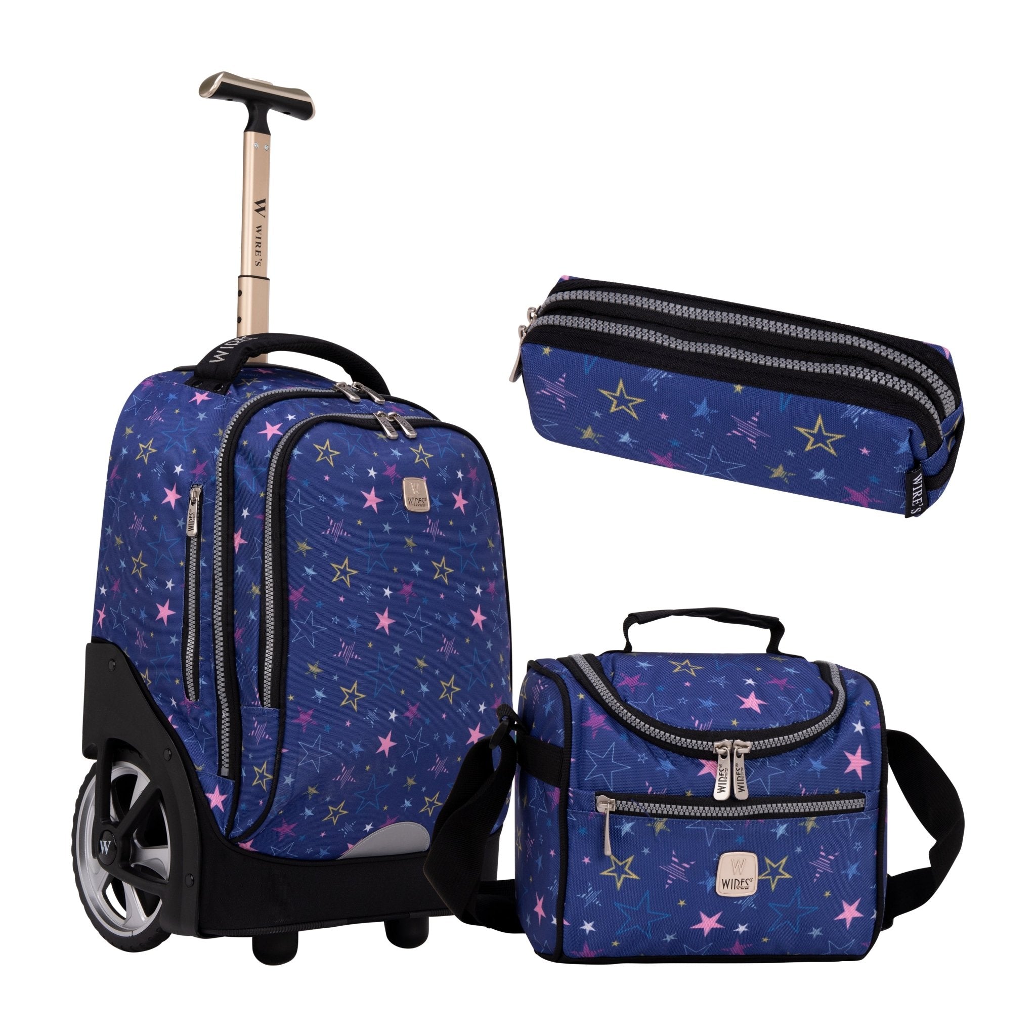 Navy Stars Wires Big Wheel School Bag Trolley Set of 3 (Lunch Bag & Pencil Case)