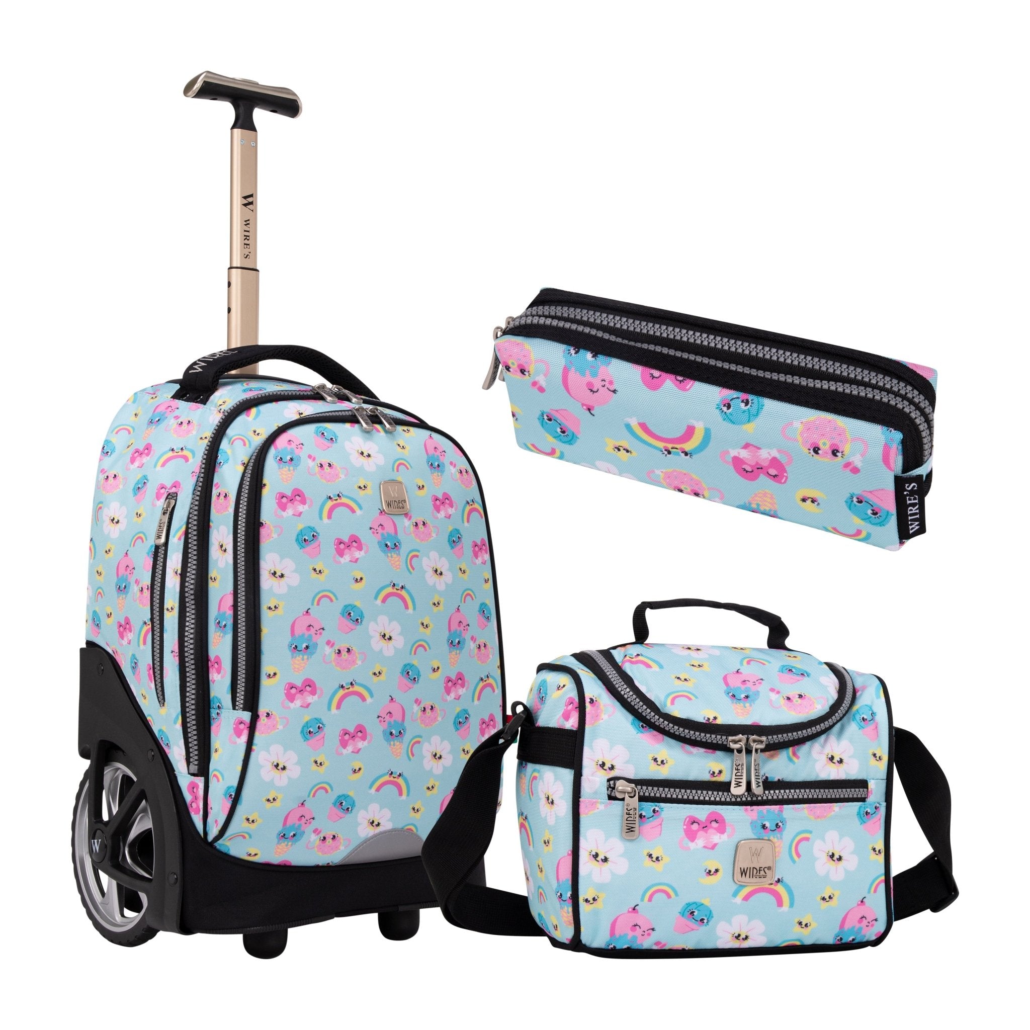 Rainbow Big Wheel School Bag Trolley Set of 3 (Lunch Bag & Pencil Case)