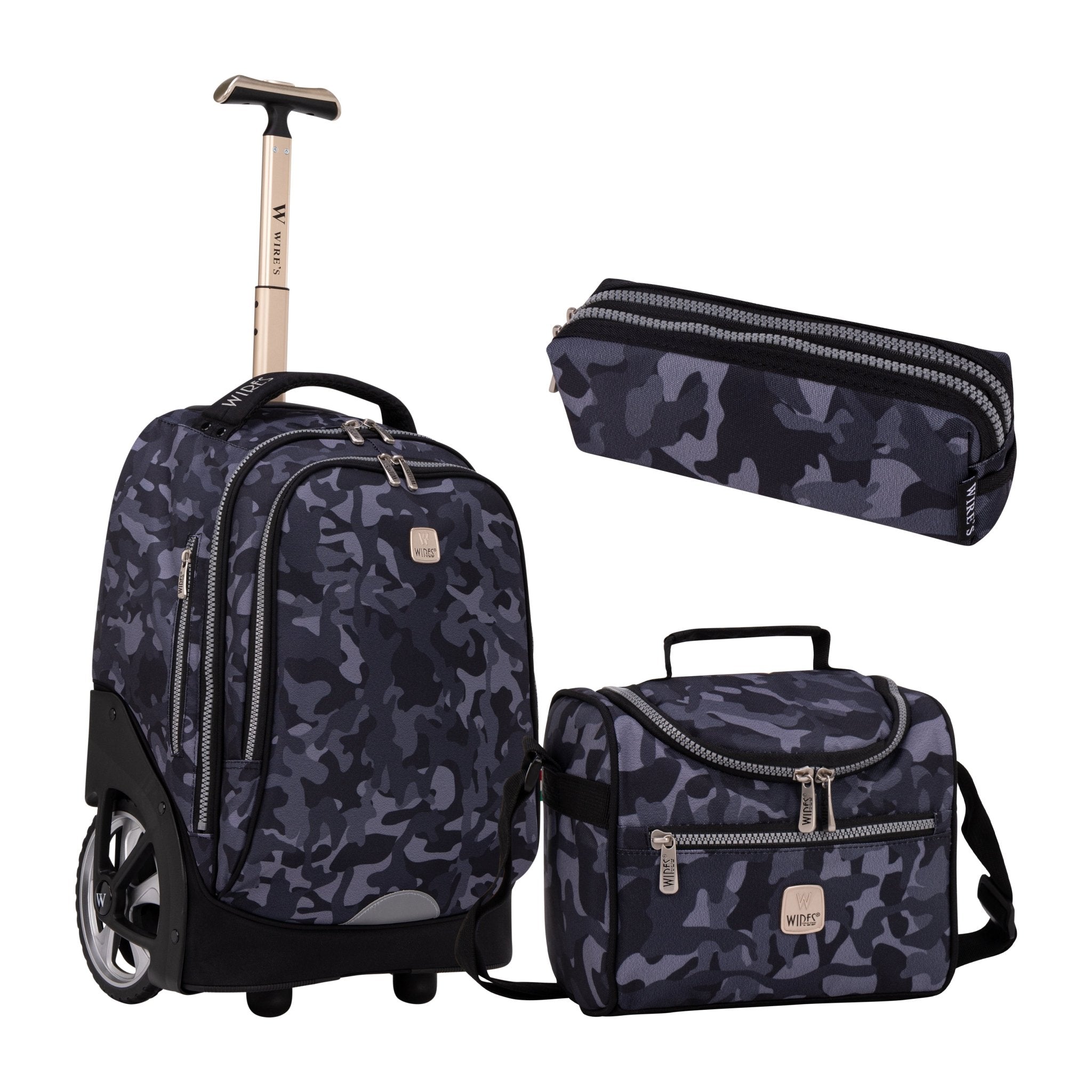 Navy Camouflage Big Wheel School Bag Trolley Set of 3 (Lunch Bag & Pencil Case)