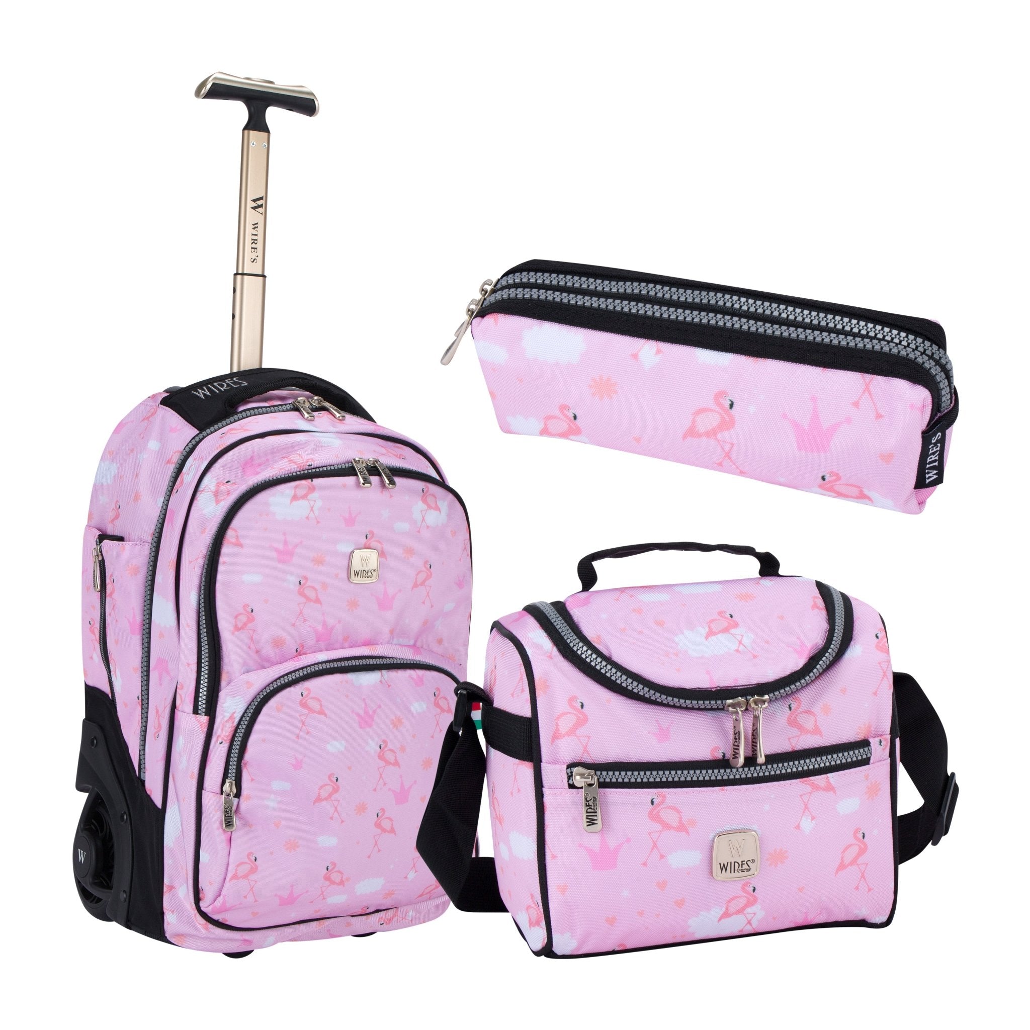 Pink Flamingo Mini Wheel School Bags Trolly Set of 3pcs