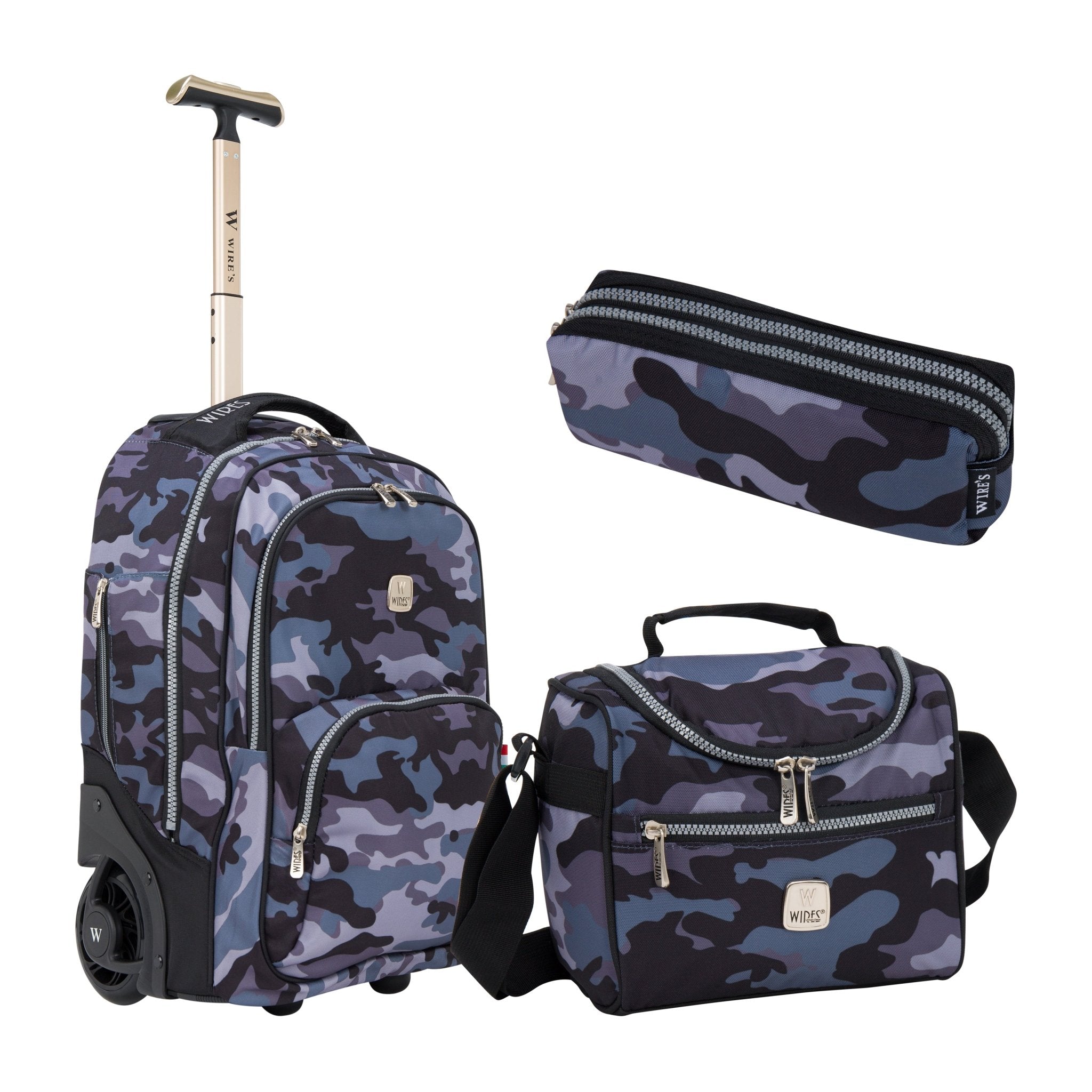 Dark Grey Camouflage Wires Mini Wheel School Bags Trolly Set of 3pcs