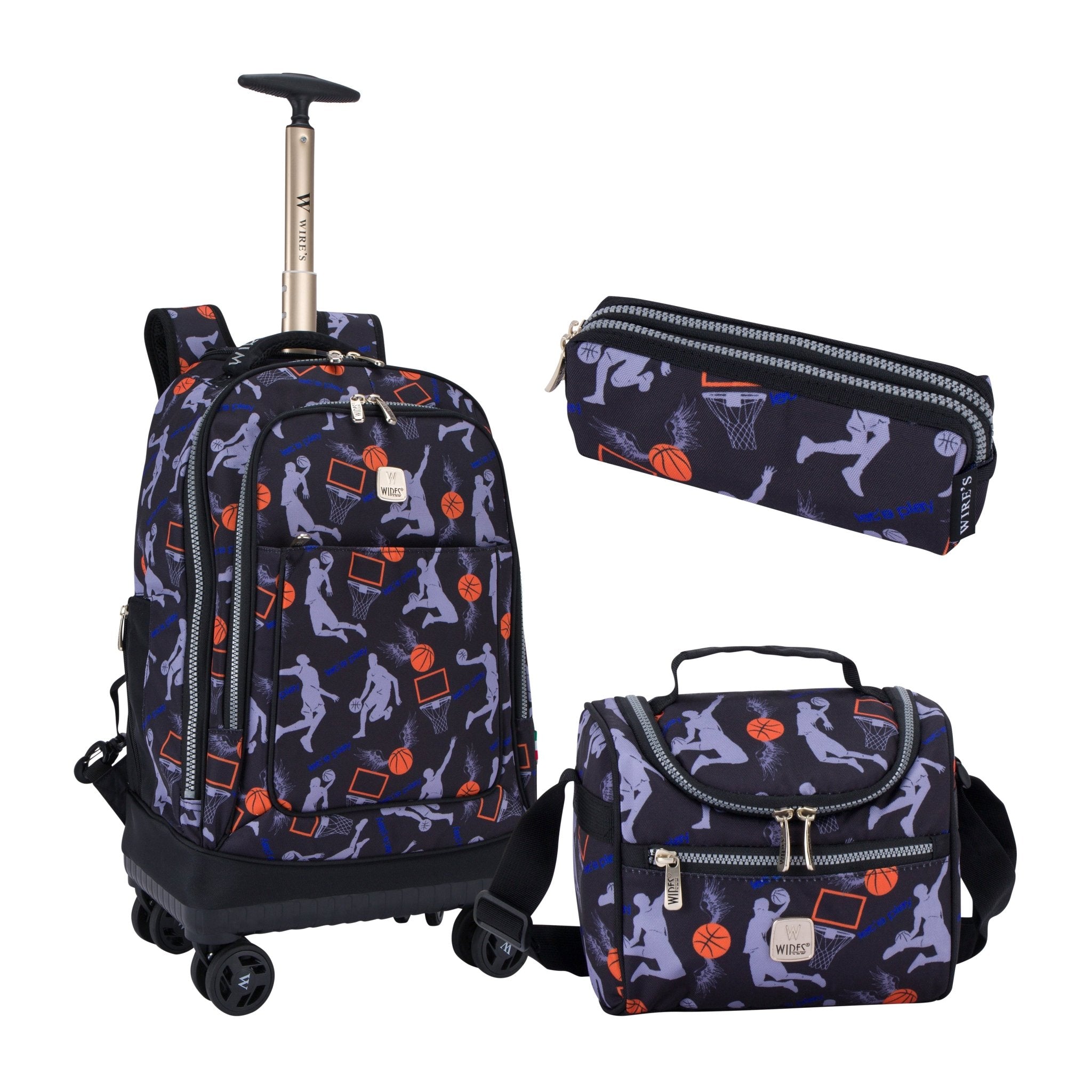 Basketball Wires 8-Wheels School Backpack Trolley Set (Lunch bag & Pencil Case)