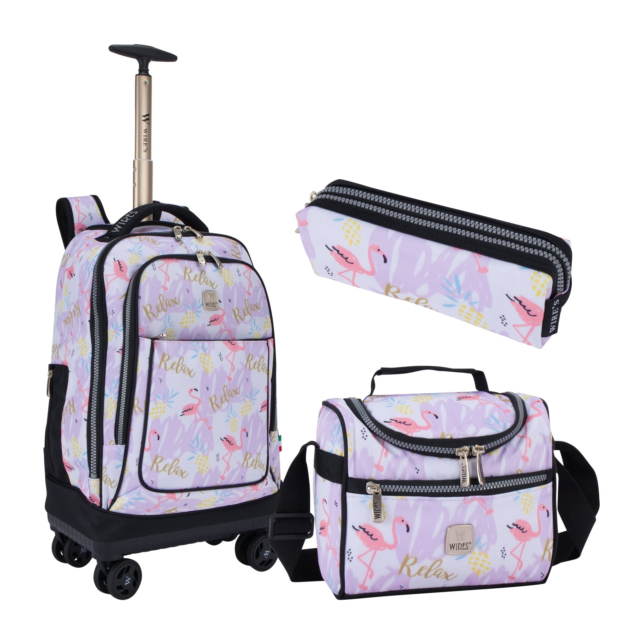 Flamingo Wires 8-Wheels School Backpack Trolley Set (Lunch bag & Pencil Case)