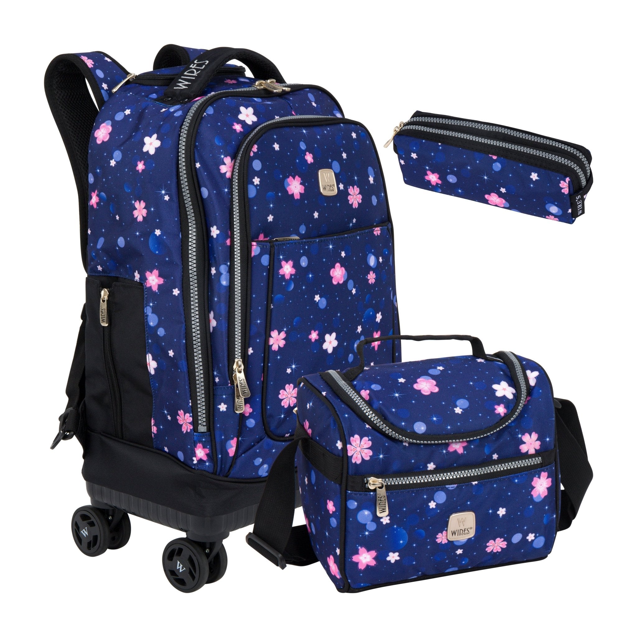 Navy Flower Wires 8-Wheels School Backpack Trolley Set (Lunch bag & Pencil Case)