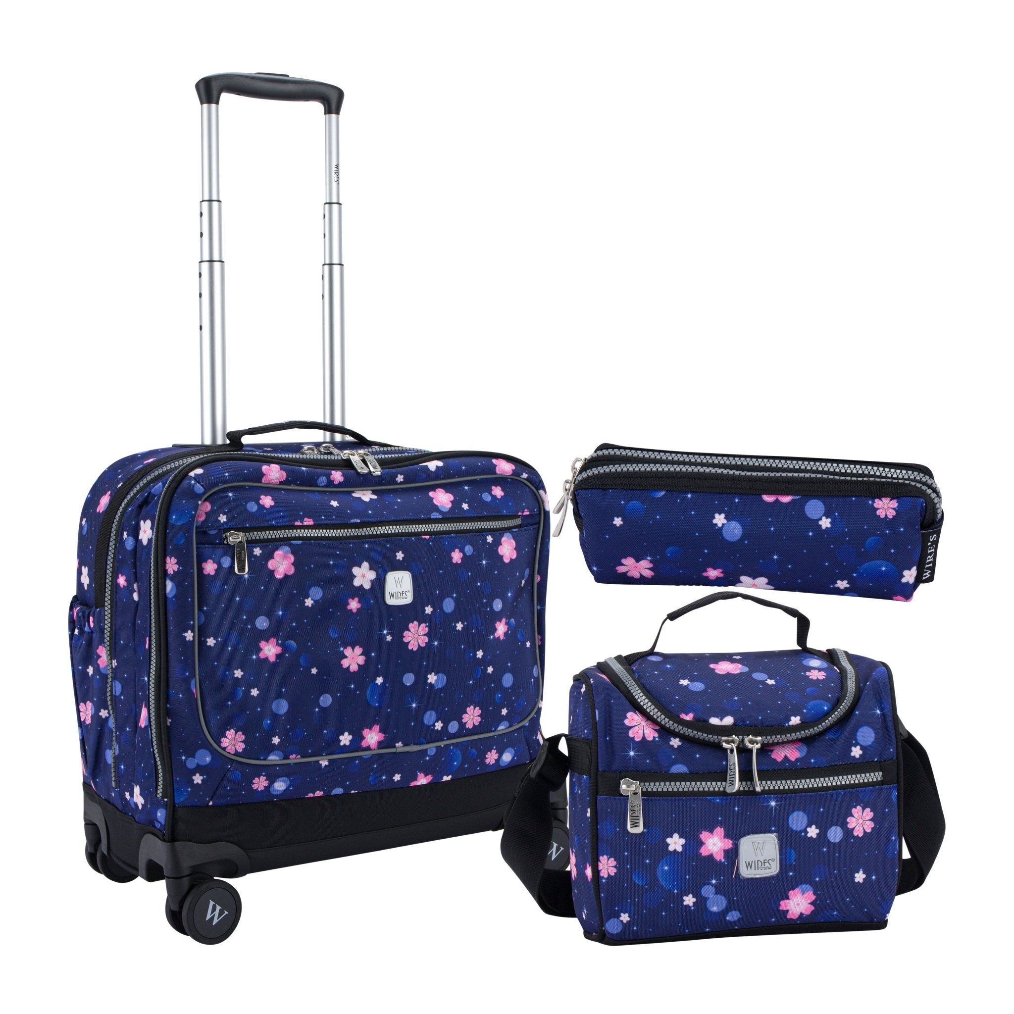 Navy Flower School Bag Trolley Set of 4(Lunch Bag & Pencil Case)+Lunch Box