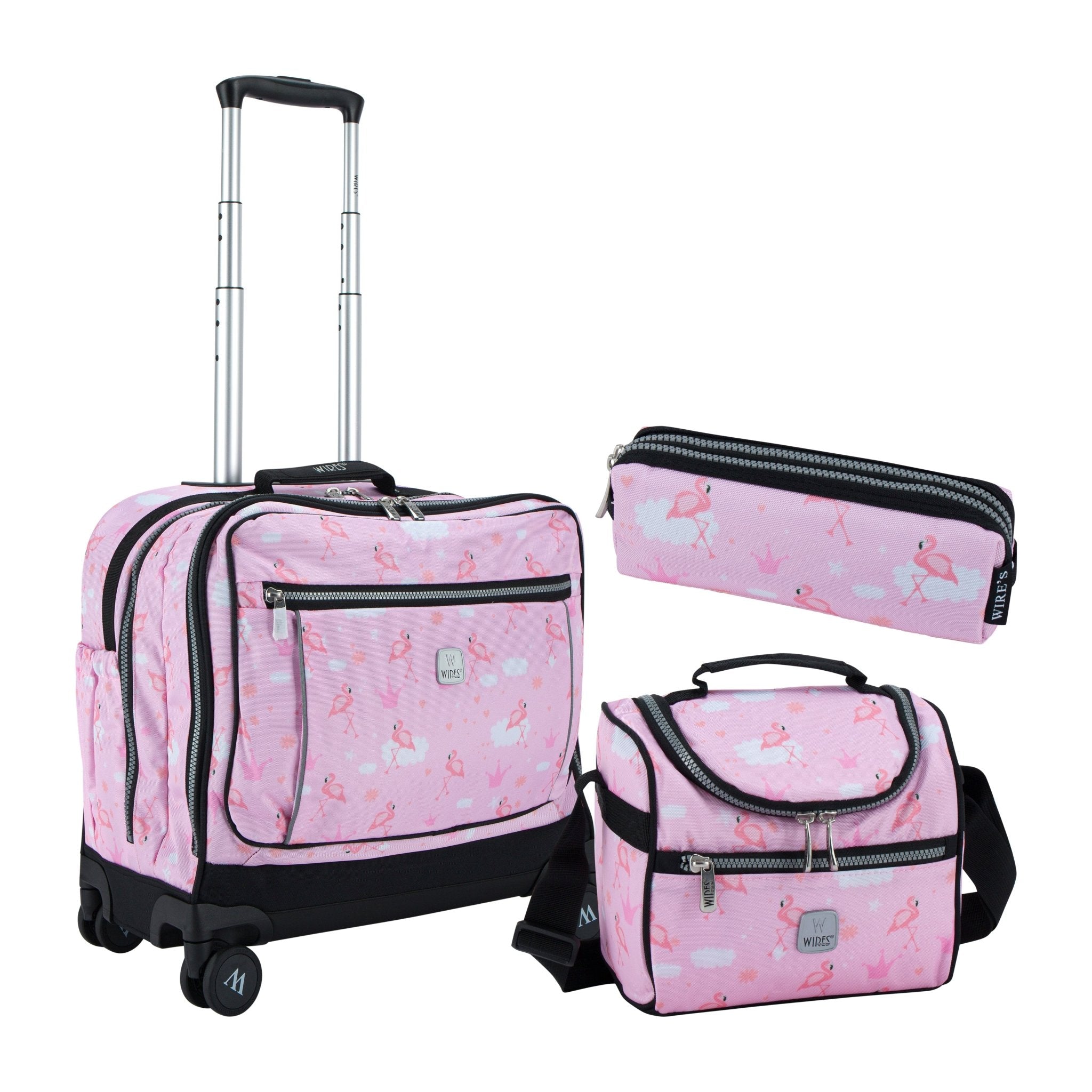 Pink Flamingo School Bag Trolley Set of 4(Lunch Bag & Pencil Case)+Lunch Box