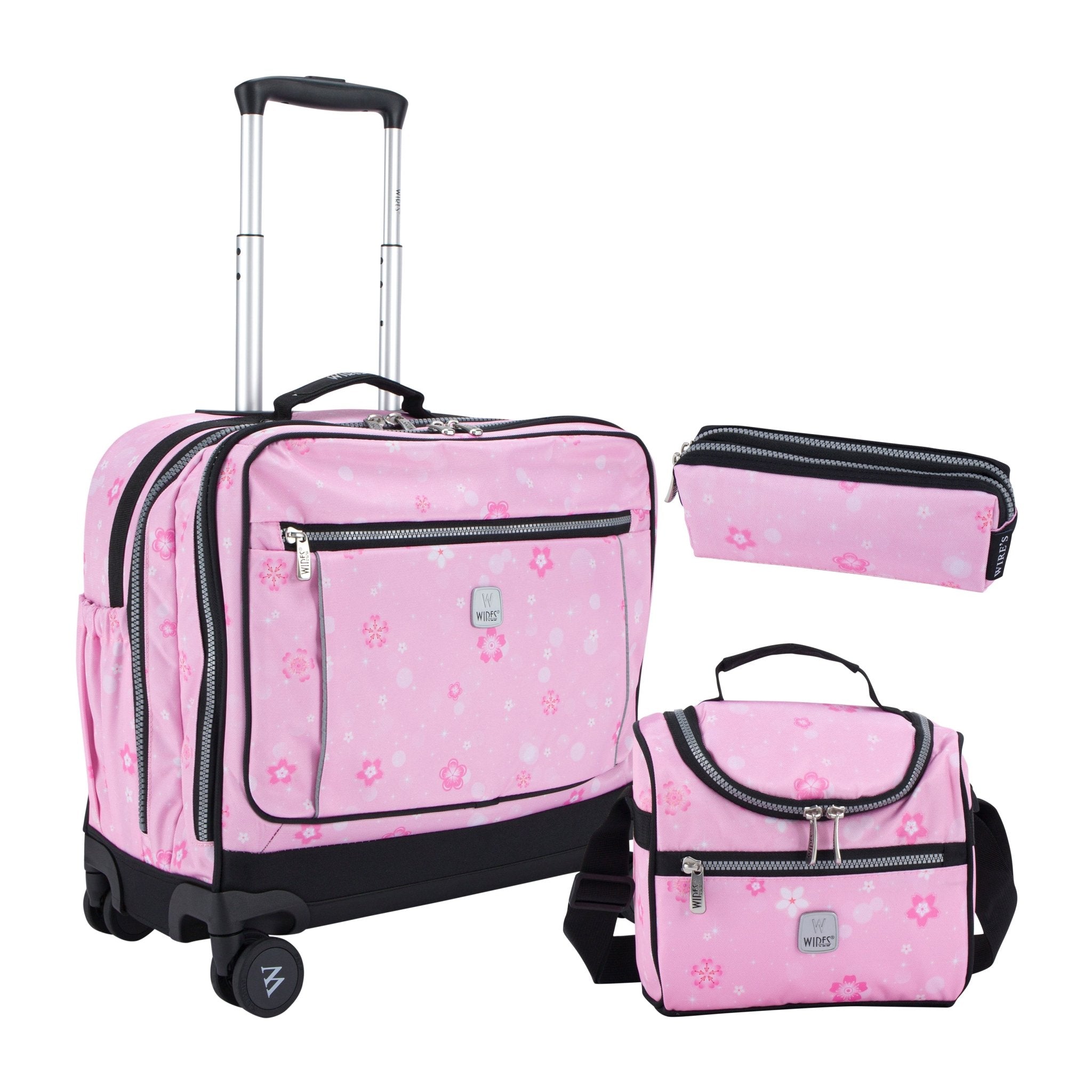 Pink Snowflakes School Bag Trolley Set of 4(Lunch Bag & Pencil Case)+Lunch Box