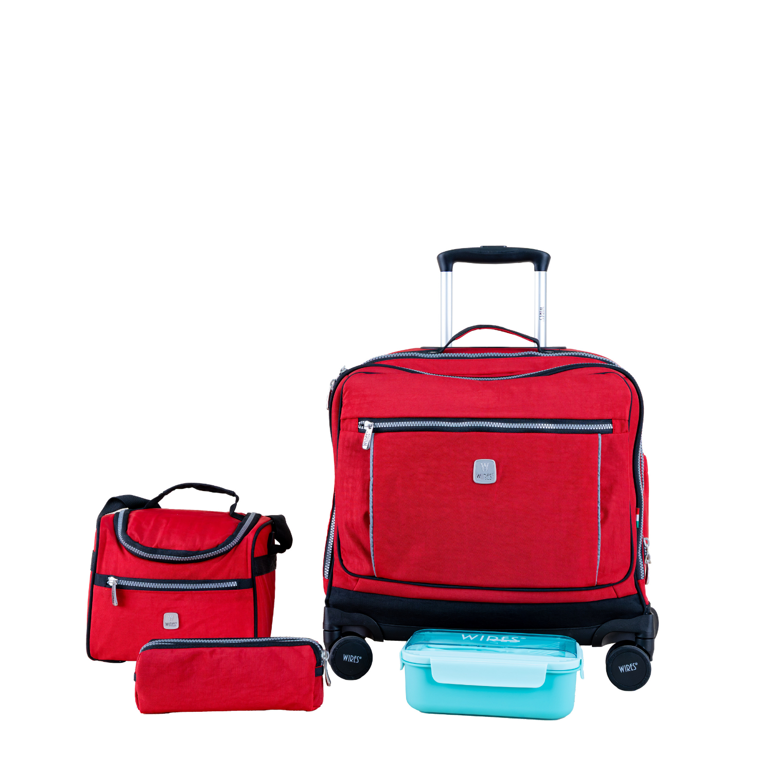 Solid Red 8 Wheels School Bag Trolley Set of 4(Lunch Bag & Pencil Case)+Lunch Box - MOON - Back 2 School - Wires