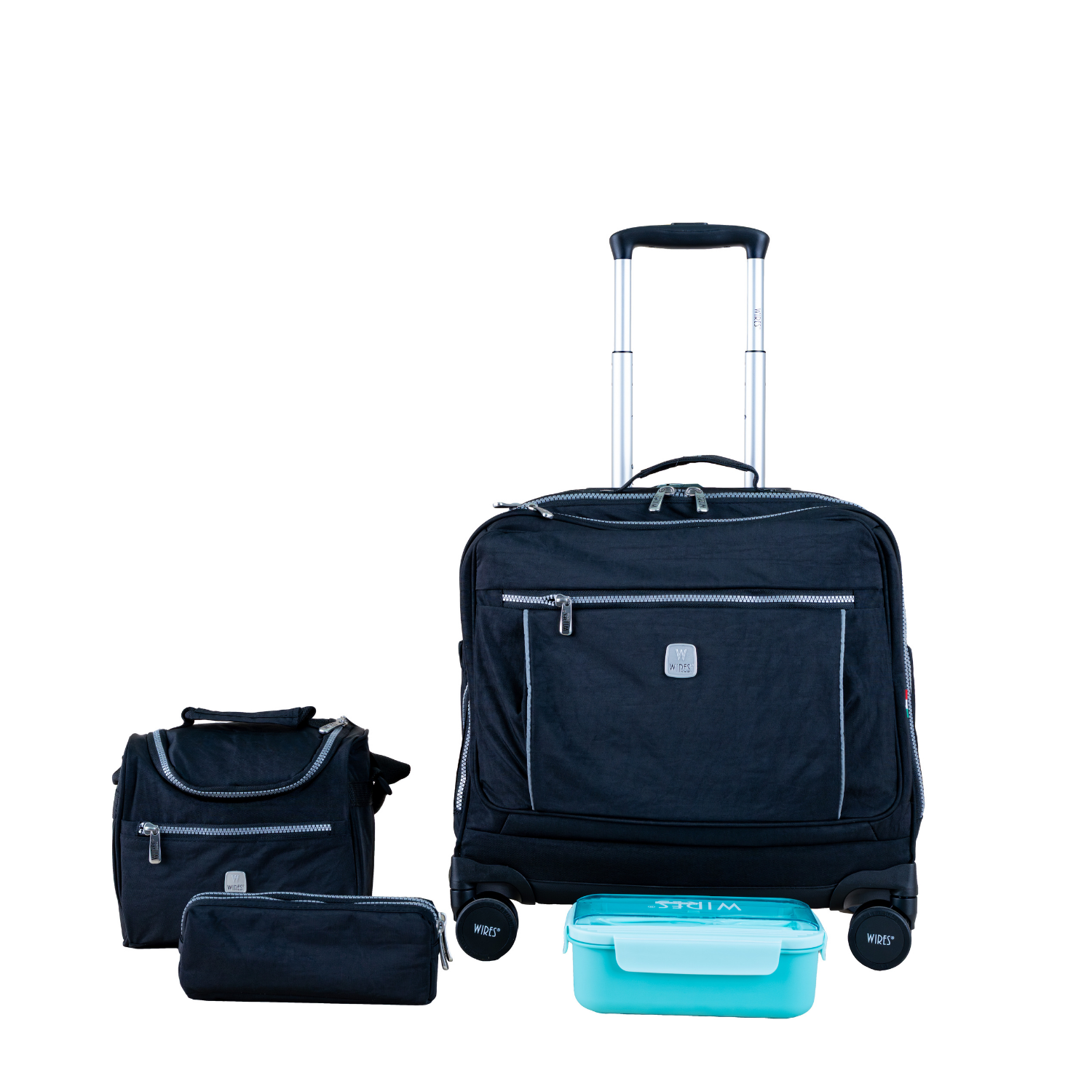 Solid Black 8 Wheels School Bag Trolley Set of 4(Lunch Bag & Pencil Case)+Lunch Box - MOON - Back 2 School - Wires