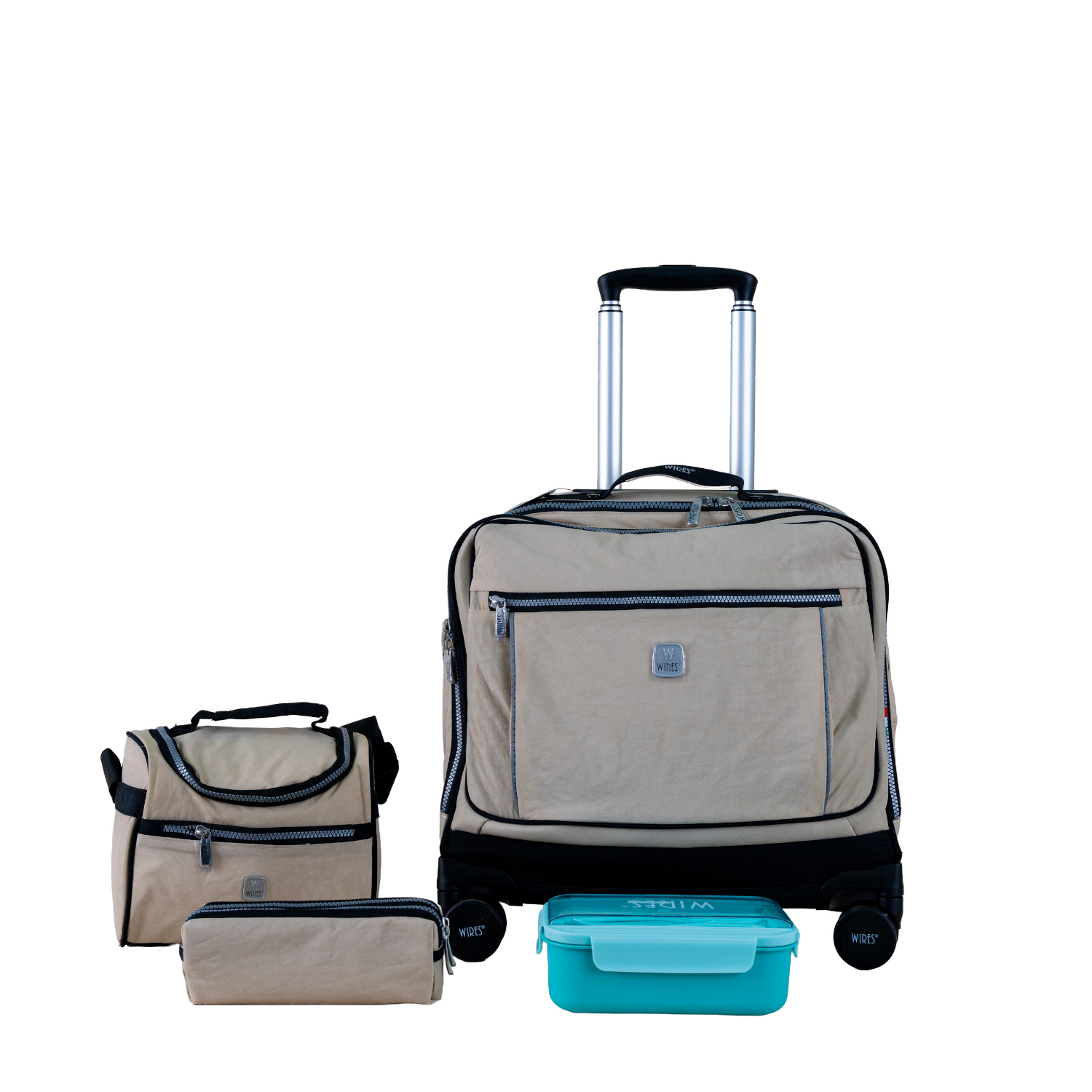 Beige 8 Wheels School Bag Trolley Set of 4(Lunch Bag & Pencil Case)+Lunch Box - MOON - Back 2 School - Wires