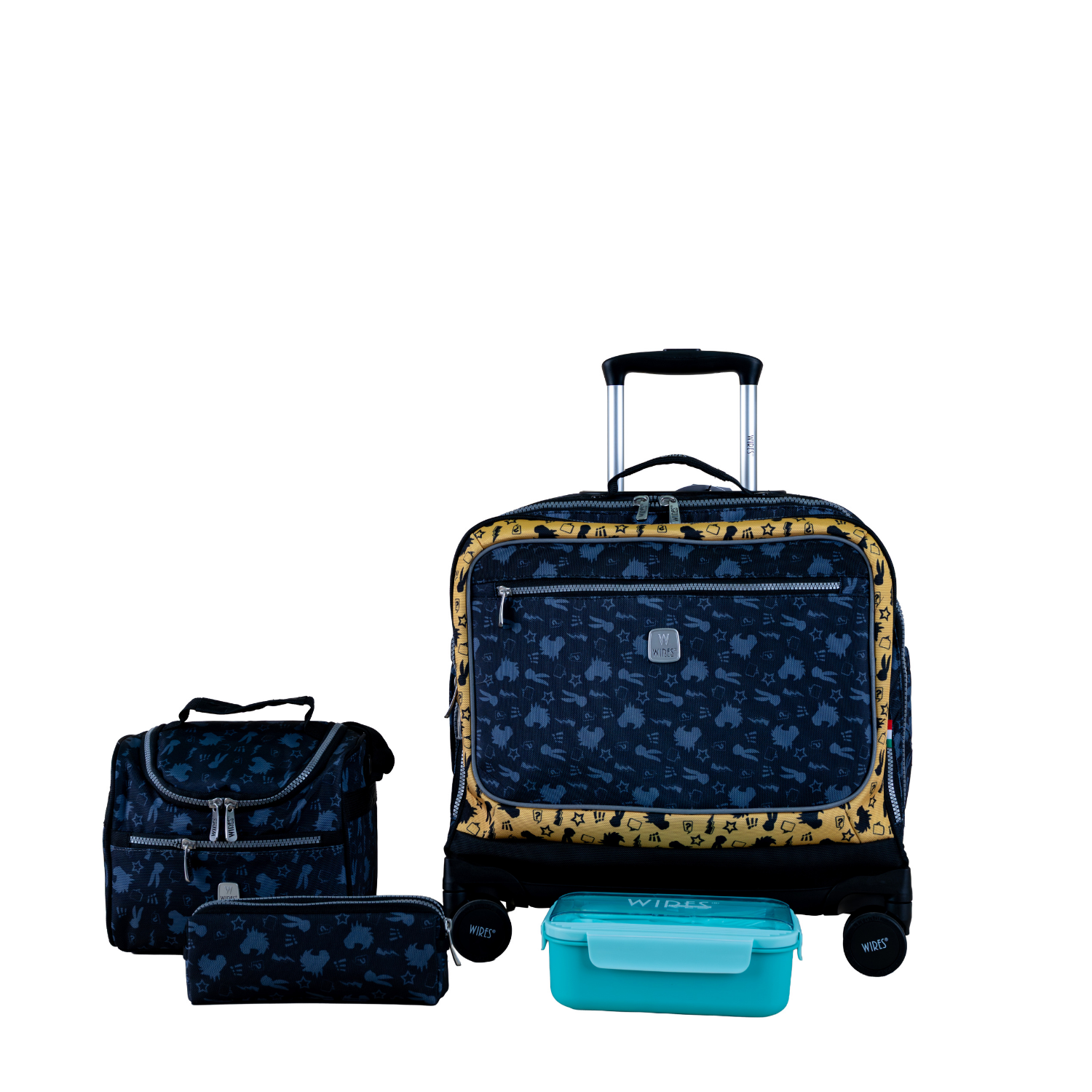 Black & Yellow Pattern 8 Wheels School Bag Trolley Set of 4(Lunch Bag & Pencil Case)+Lunch Box - MOON - Back 2 School - Wires
