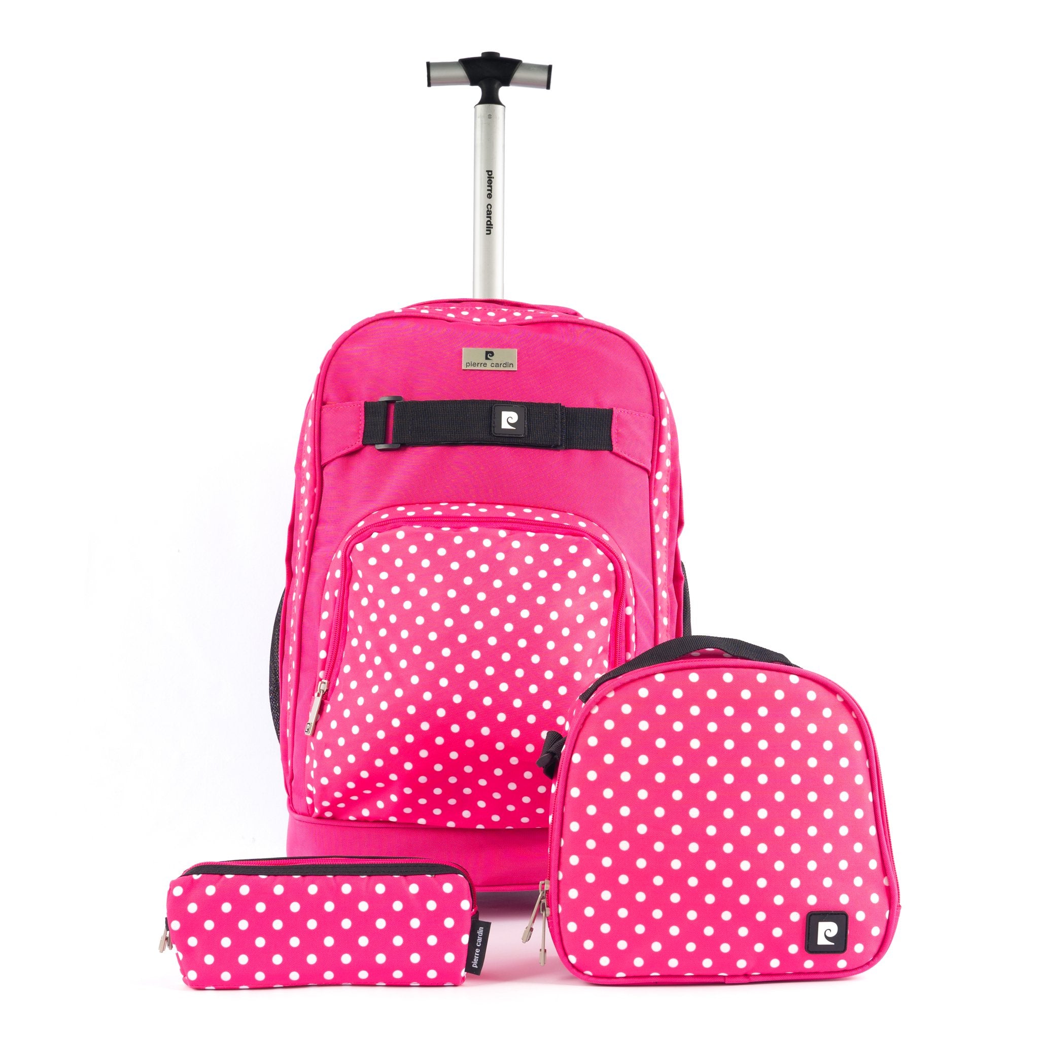 Pierre Cardin Backpack Trolley with Lunch Bag + Pencil Case black with White Polka Dots