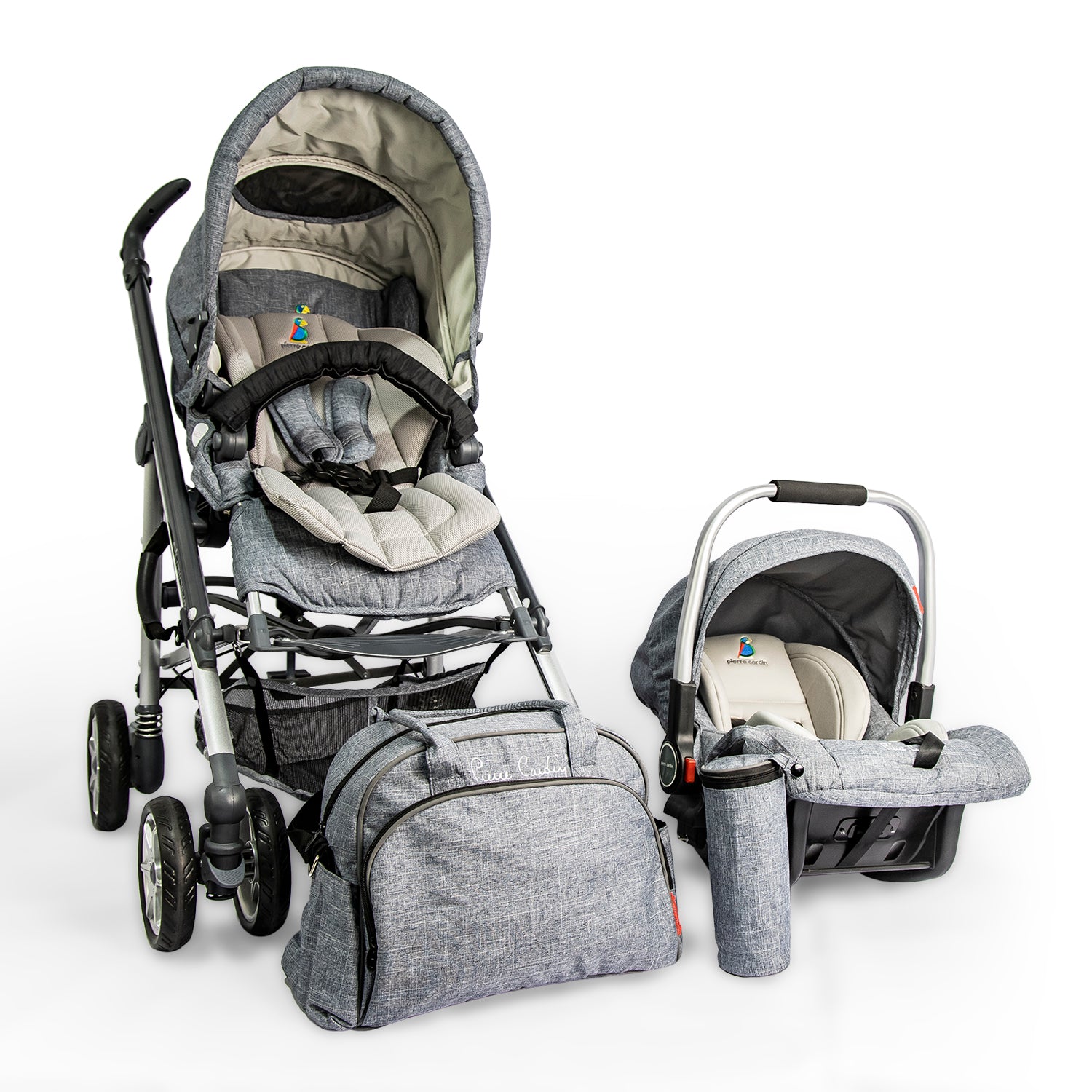 Pierre Cardin Baby Stroller + Car Seat + Diaper Bag + Bottle Holder Sets Grey