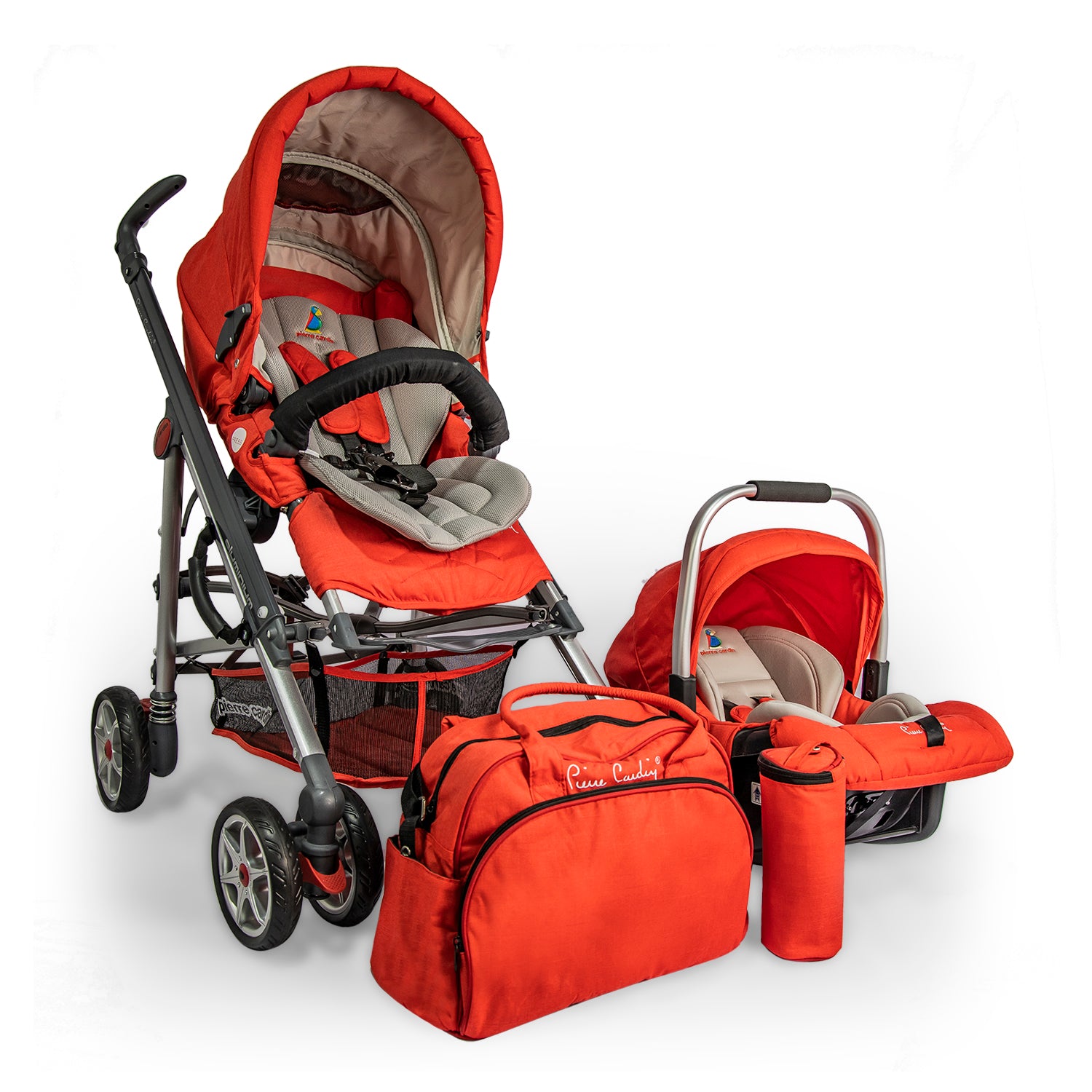 Pierre Cardin Baby Stroller + Car Seat + Diaper Bag + Bottle Holder Sets Red