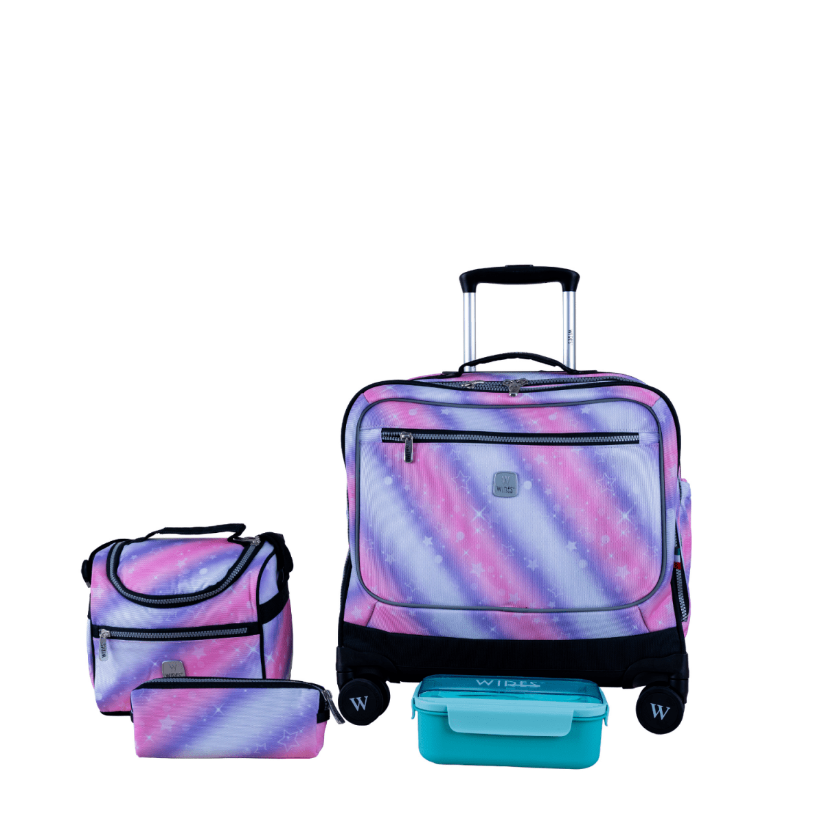 Aurora PinkPurple 8 Wheels School Bag Trolley Set of 4(Lunch Bag & Pencil Case)+Lunch Box - MOON - Back 2 School - Wires