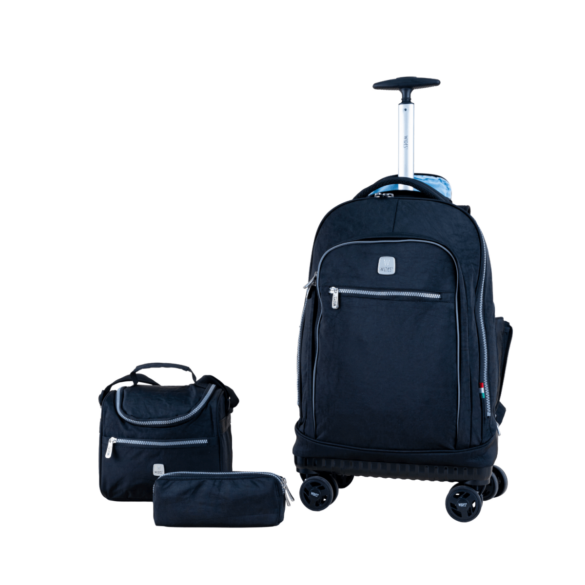 Black 4 - Wheels School Backpack Trolley Set (Lunch bag & Pencil Case) - MOON - Back 2 School - Wires