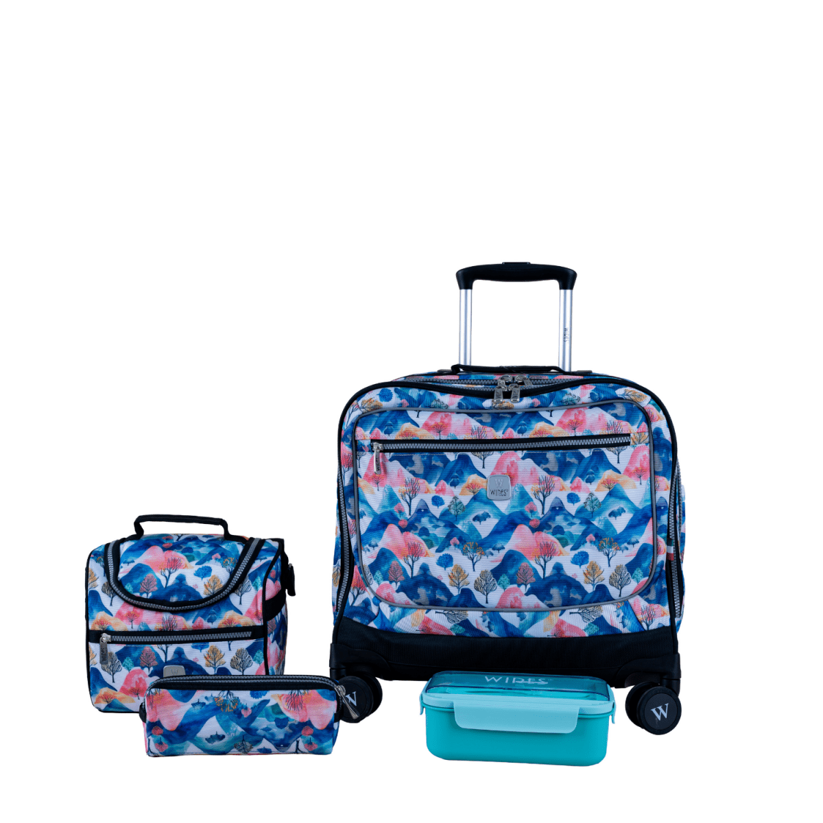 Blue Zone Flamingo 8 Wheels School Bag Trolley Set of 4(Lunch Bag & Pencil Case)+Lunch Box - MOON - Back 2 School - Wires