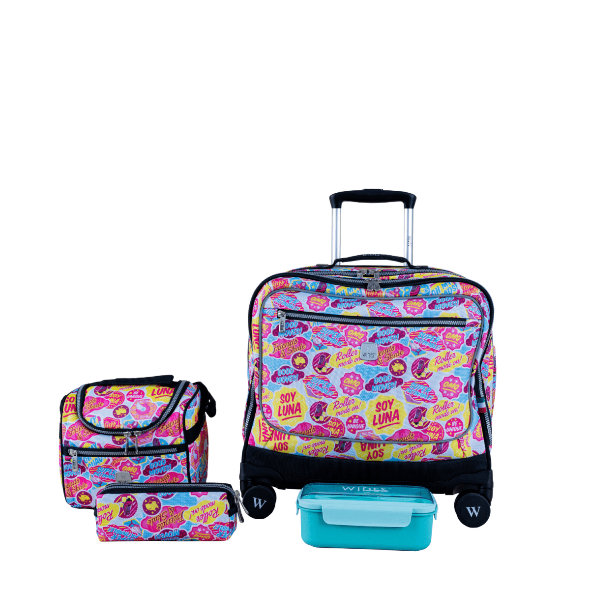 Bold Colors 8 Wheels School Bag Trolley Set of 4(Lunch Bag & Pencil Case)+Lunch Box - MOON - Back 2 School - Wires