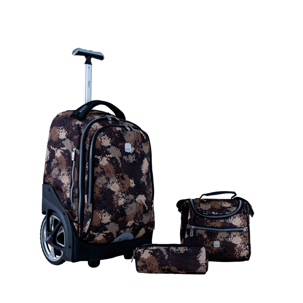 Brown Camouflage Big Wheel School Bag Trolley Set of 3 (Lunch Bag & Pencil Case) - MOON - Back 2 School - Wires