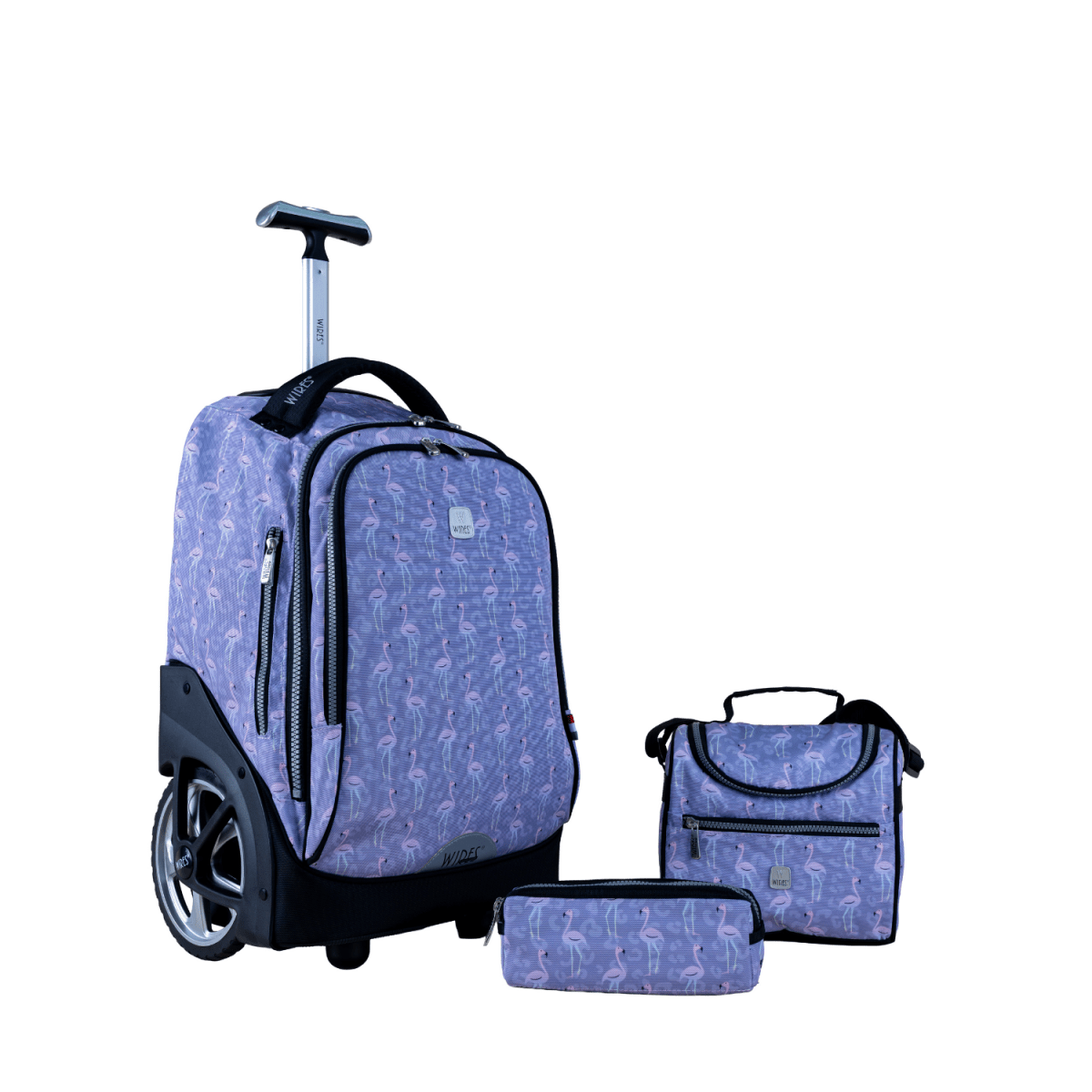 Flamingo Purple Big Wheel School Bag Trolley Set of 3 (Lunch Bag & Pencil Case) - MOON - Back 2 School - Wires