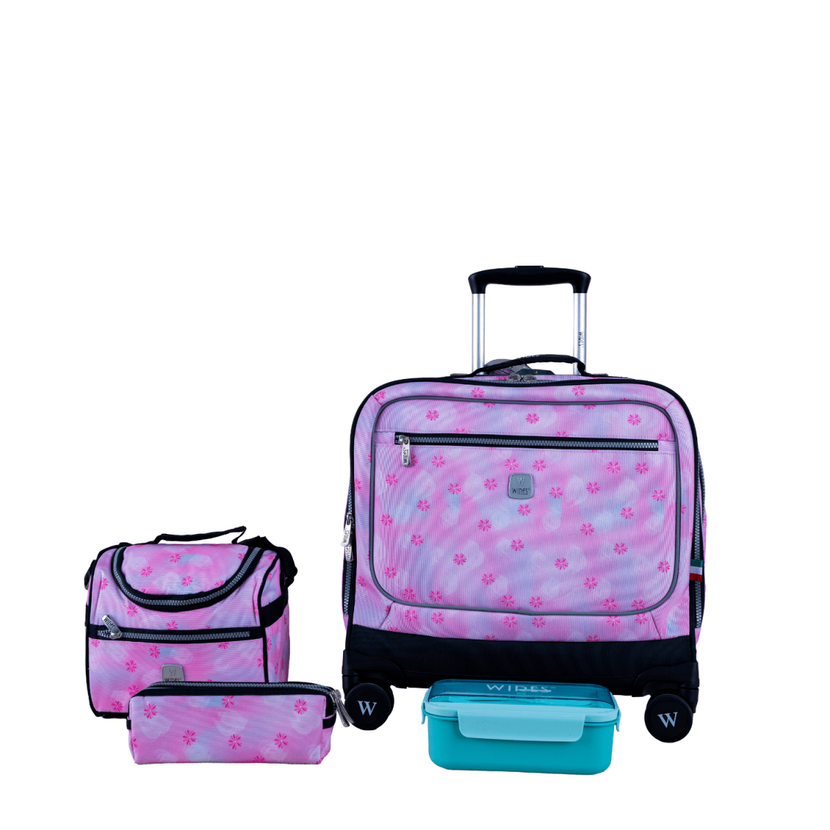 Flower Pink 8 Wheels School Bag Trolley Set of 4(Lunch Bag & Pencil Case)+Lunch Box - MOON - Back 2 School - Wires