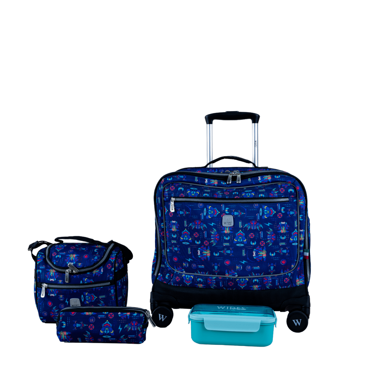Galactic Arcade 8 Wheels School Bag Trolley Set of 4(Lunch Bag & Pencil Case)+Lunch Box - MOON - Back 2 School - Wires