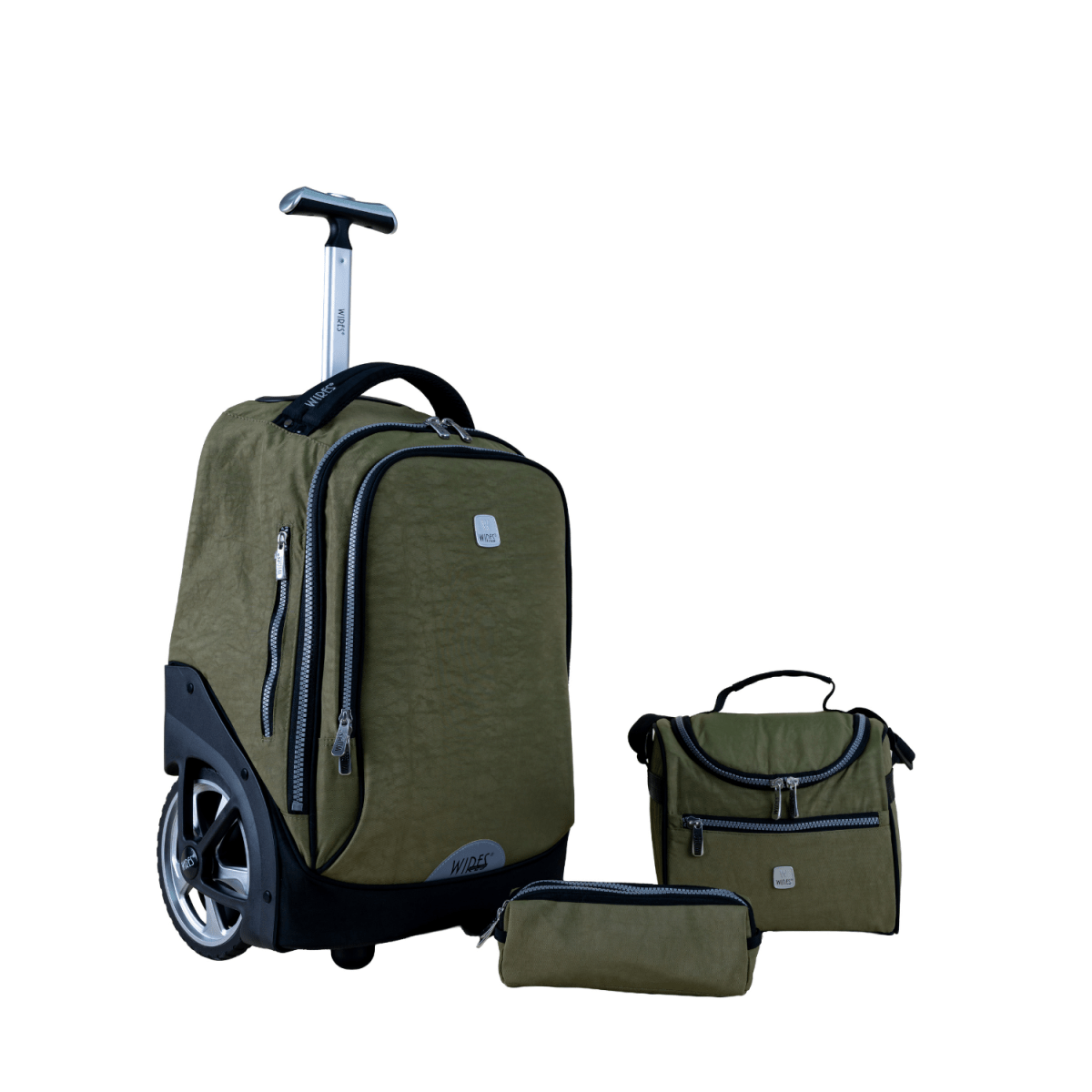 Green Big Wheel School Bag Trolley Set of 3 (Lunch Bag & Pencil Case) - MOON - Back 2 School - Wires