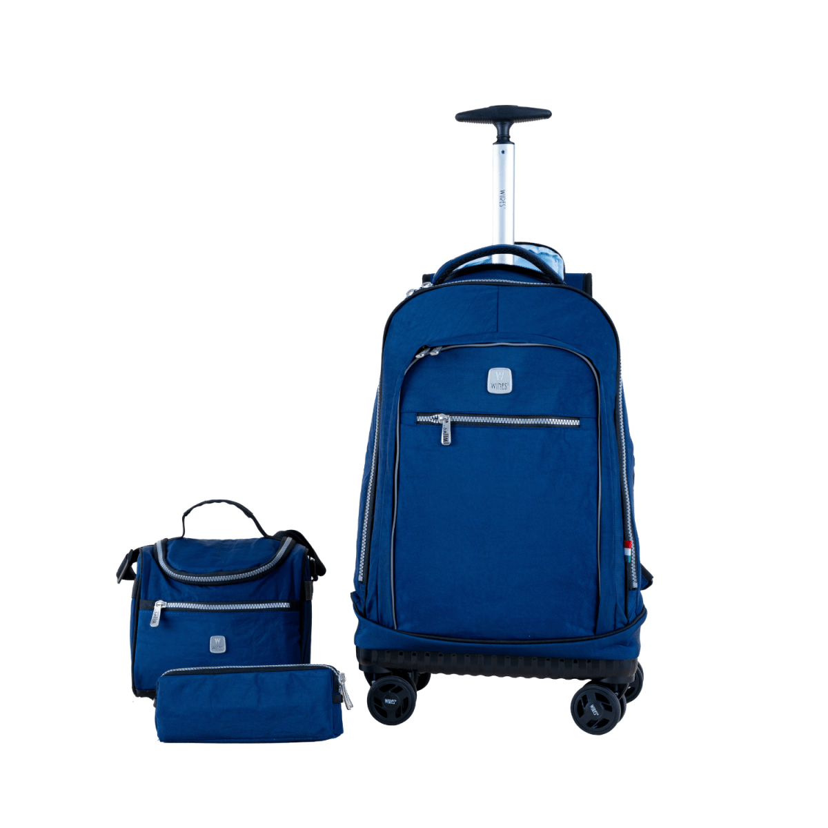 Navy 4 - Wheels School Backpack Trolley Set (Lunch bag & Pencil Case) - MOON - Back 2 School - Wires