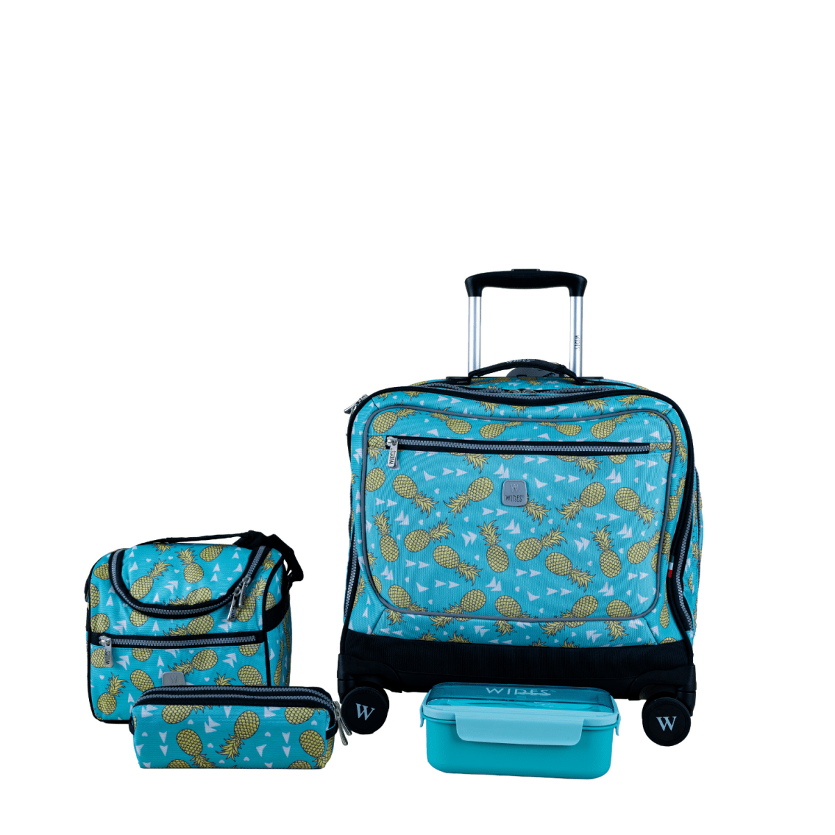Pineapple 8 Wheels School Bag Trolley Set of 4(Lunch Bag & Pencil Case)+Lunch Box - MOON - Back 2 School - Wires