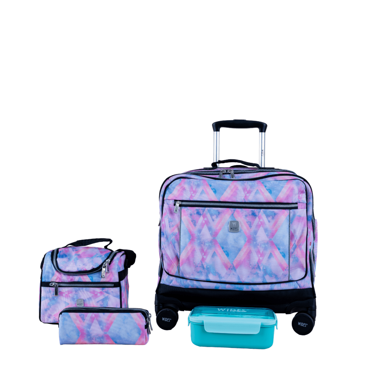 Pink Delta 8 Wheels School Bag Trolley Set of 4(Lunch Bag & Pencil Case)+Lunch Box - MOON - Back 2 School - Wires