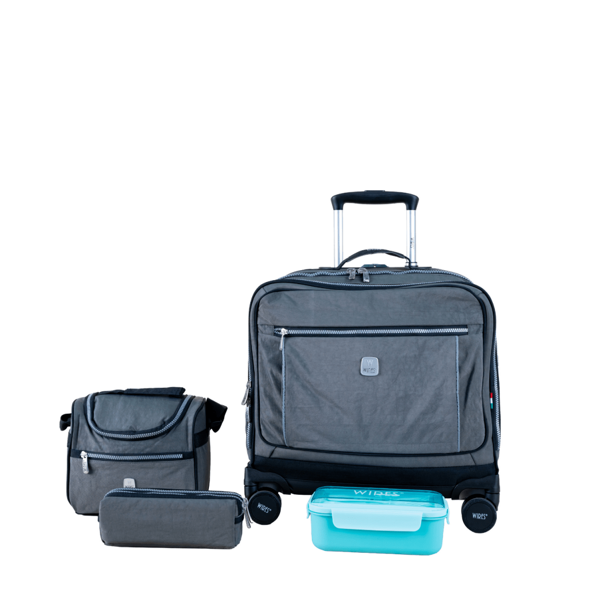 Solid Dark Grey 8 Wheels School Bag Trolley Set of 4(Lunch Bag & Pencil Case)+Lunch Box - MOON - Back 2 School - Wires