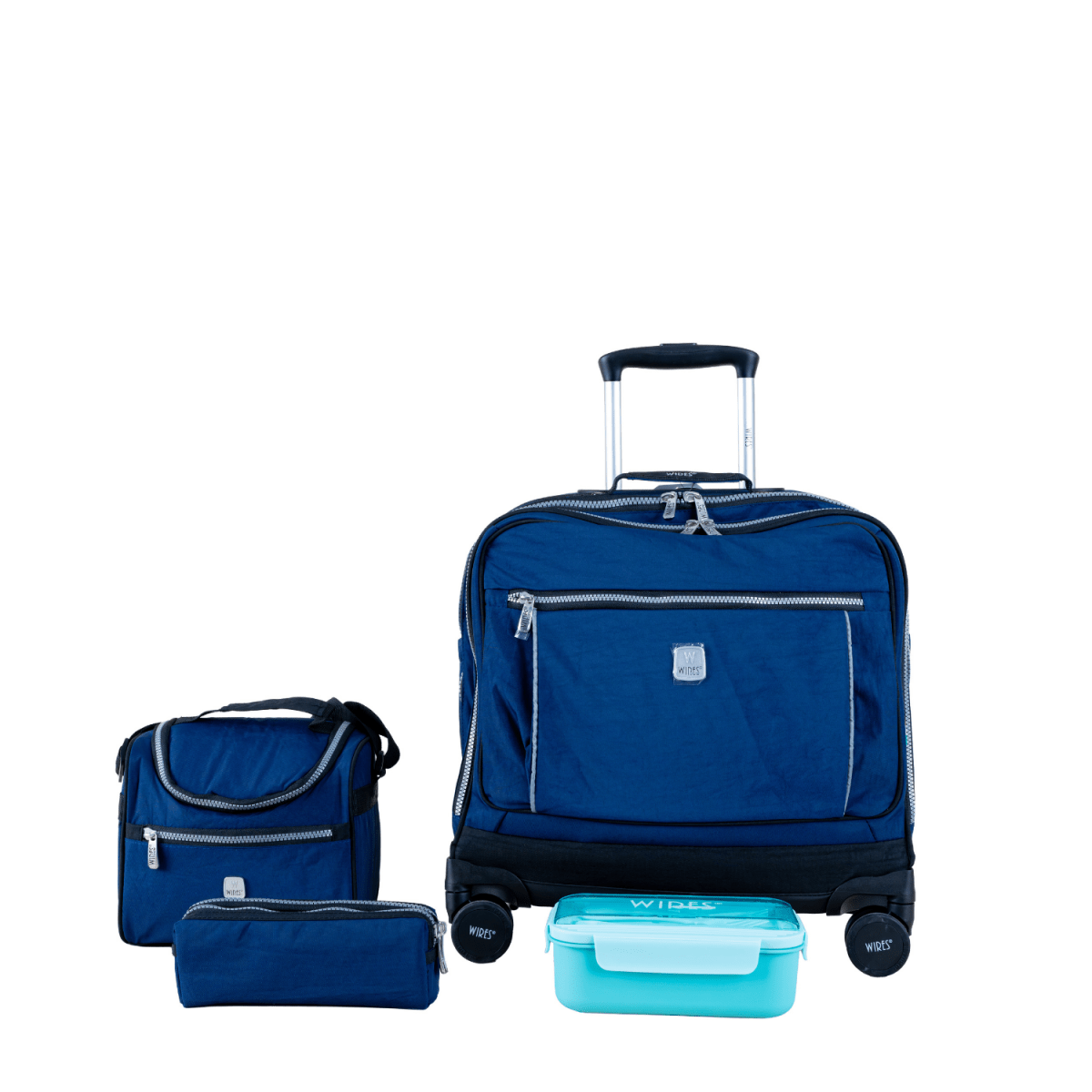 Solid Navy 8 Wheels School Bag Trolley Set of 4(Lunch Bag & Pencil Case)+Lunch Box - MOON - Back 2 School - Wires