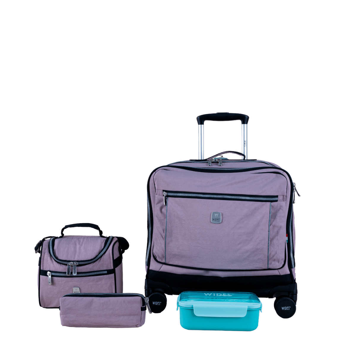 Solid Pink 8 Wheels School Bag Trolley Set of 4(Lunch Bag & Pencil Case)+Lunch Box - MOON - Back 2 School - Wires