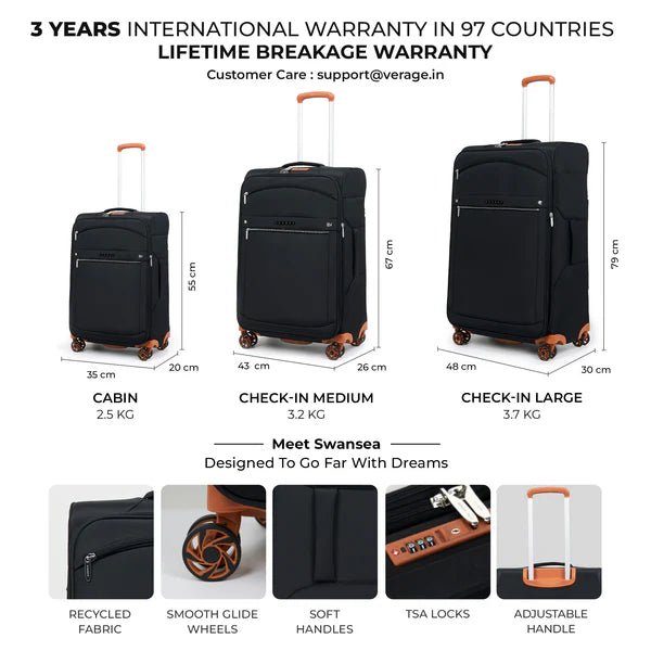 Swansea Suitcase Set of 3 - Black - MOON - Luggage & Travel Accessories - Verage