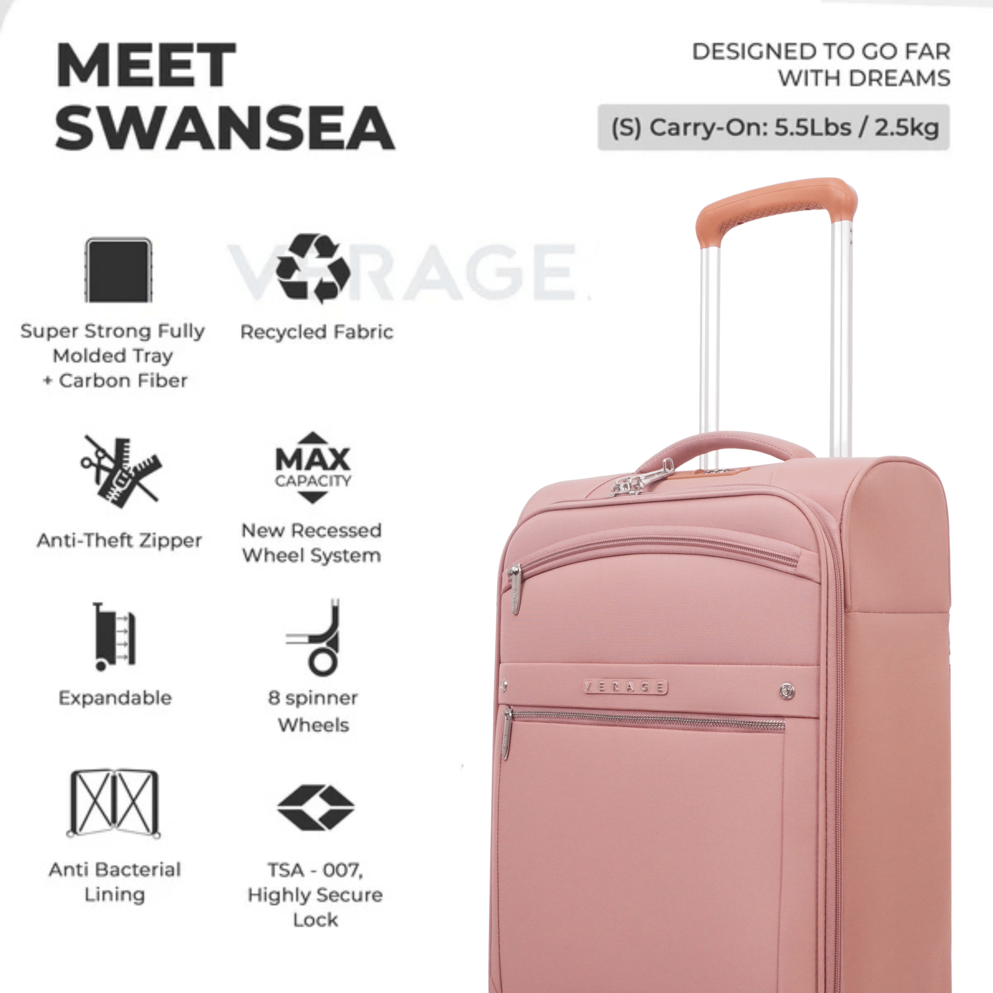 Swansea Suitcase Set of 3 - Pink - MOON - Luggage & Travel Accessories - Verage