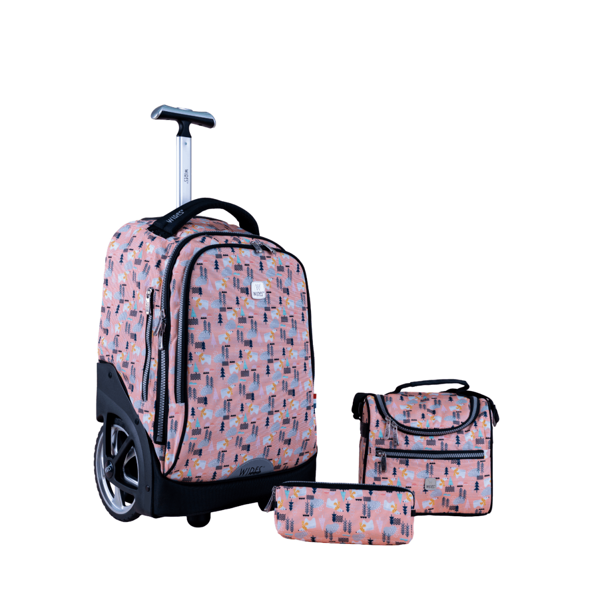 Three Pink Big Wheel School Bag Trolley Set of 3 (Lunch Bag & Pencil Case) - MOON - Back 2 School - Wires