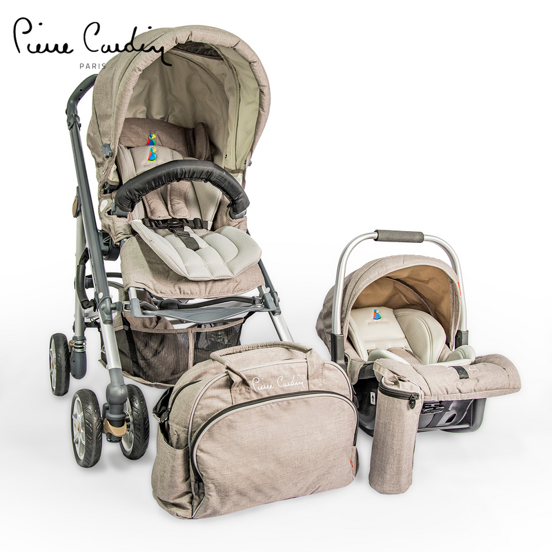 Pierre Cardin Baby Stroller + Car Seat + Diaper Bag + Bottle Holder Sets Grey