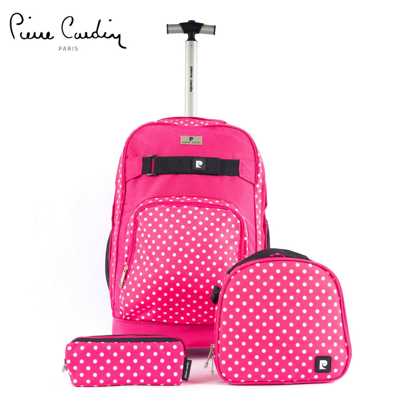 Pierre Cardin Backpack Trolley with Lunch Bag + Pencil Case black with White Polka Dots - MOON - Back 2 School - Pierre Cardin - Pierre Cardin Backpack Trolley with Lunch Bag + Pencil Case black with White Polka Dots - PC23830-Pink - Pierre cardin - 1