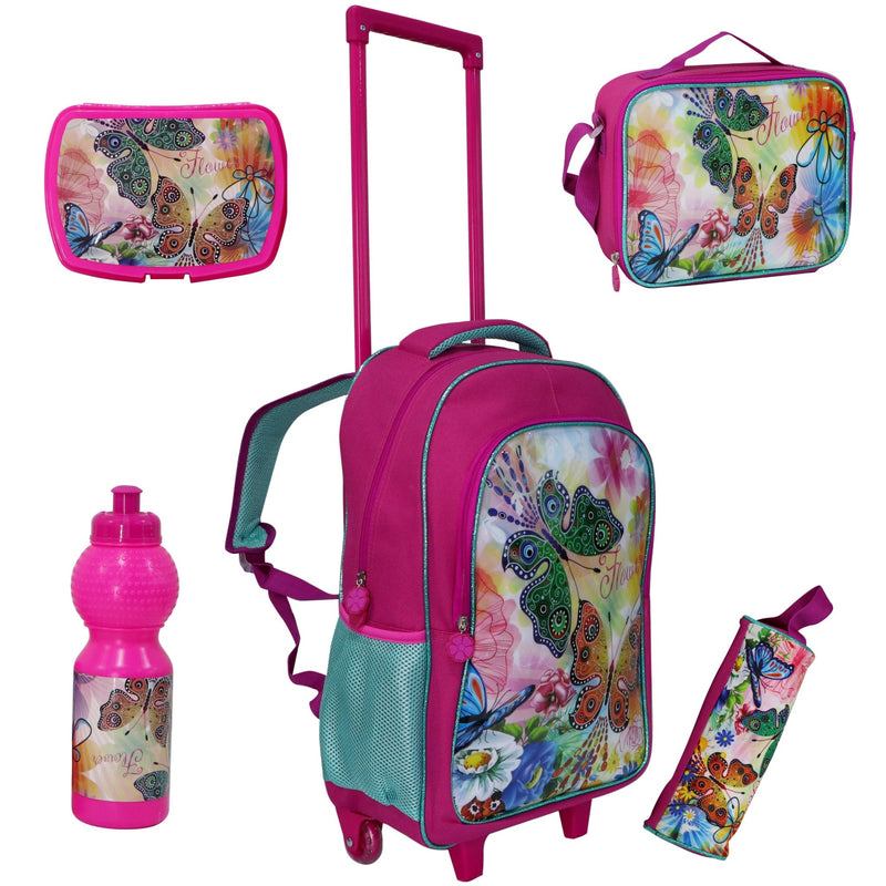 Wheeled School Bags Set of 5-Pink w/ Butterfly - MOON - Back 2 School - Bravo - Wheeled School Bags Set of 5-Pink w/ Butterfly - Trolley Backpack - 1
