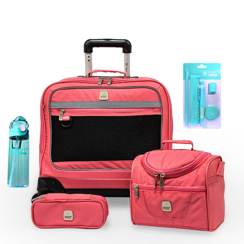 Wires 5 Pieces Set - 4 Wheels School Bag trolley with Lunch Bag + Pencil Case + Water Bottle & Wires Stationary Pink - Moon Factory Outlet - Back 2 School - Wires - Wires 5 Pieces Set - 4 Wheels School Bag trolley with Lunch Bag + Pencil Case + Water Bottle & Wires Stationary Pink - Back 2 School - 1