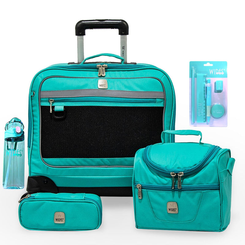 Wires 5 Pieces Set - 4 Wheels School Bag trolley with Lunch Bag + Pencil Case + Water Bottle & Wires Stationary Teal - Moon Factory Outlet - Back 2 School - Wires - Wires 5 Pieces Set - 4 Wheels School Bag trolley with Lunch Bag + Pencil Case + Water Bottle & Wires Stationary Teal - Back 2 School - 1