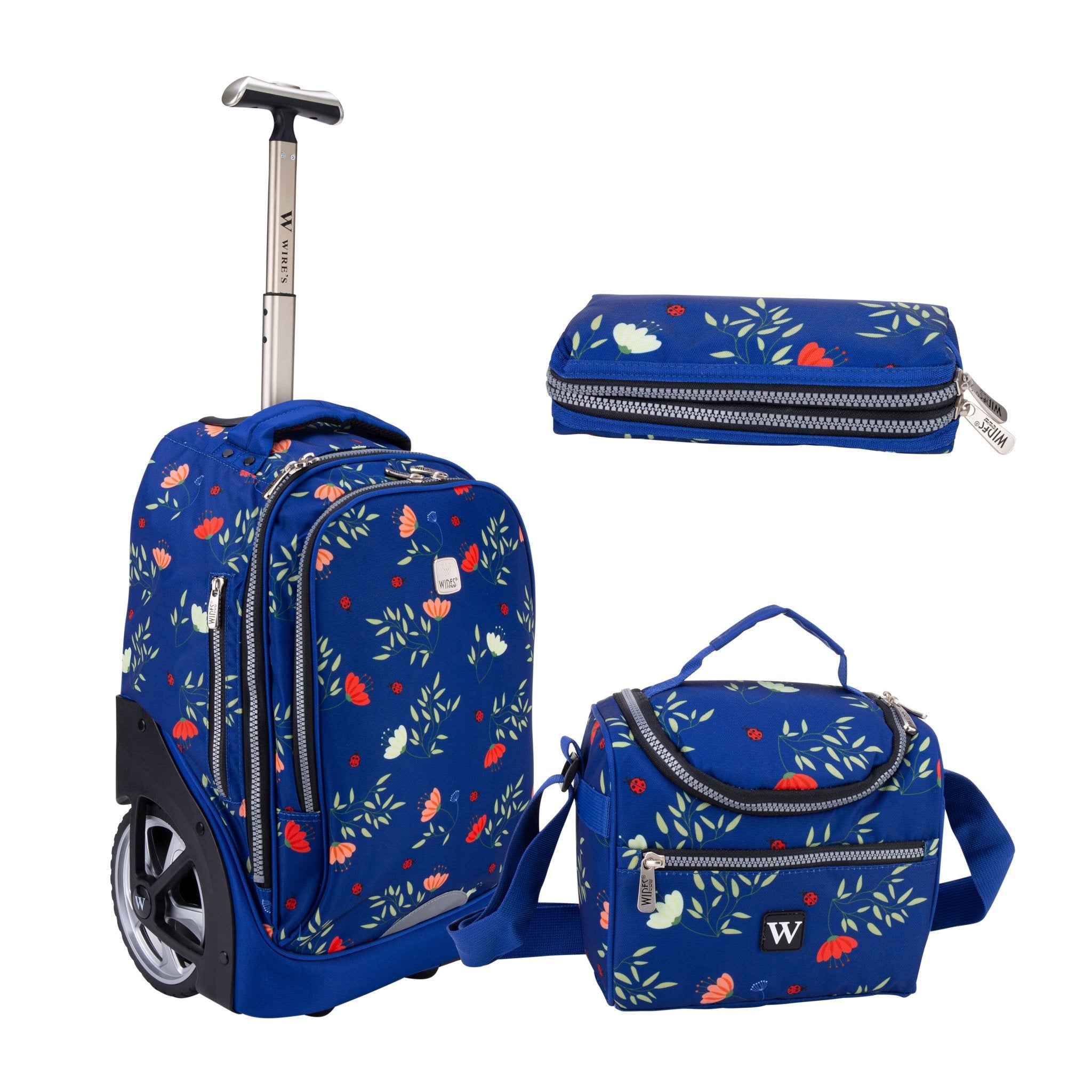 Wires Big Wheel School Bags Trolly Set of 3pcs Blue Flower Design - MOON - Back 2 School - Wires - Wires Big Wheel School Bags Trolly Set of 3pcs Blue Flower Design - Trolley Backpack - 1